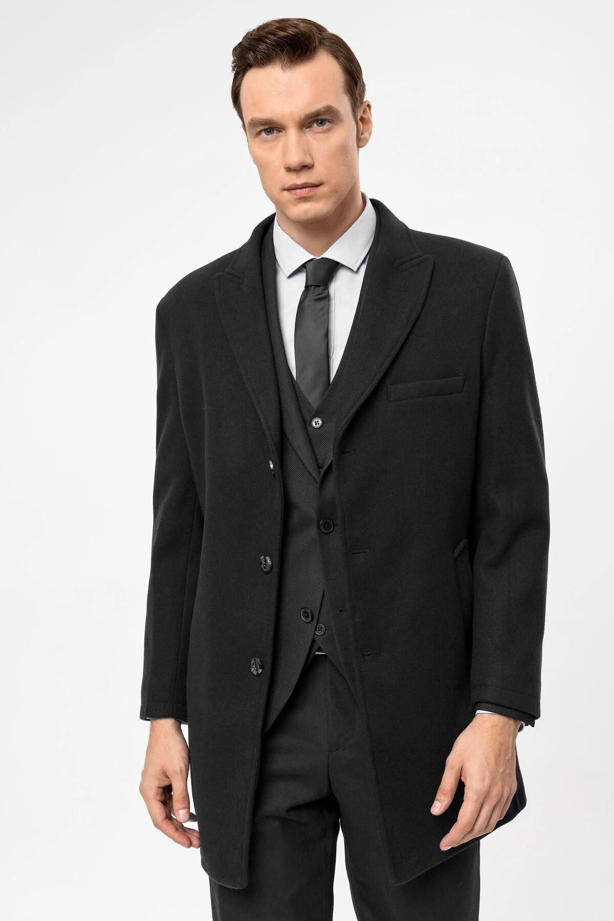 Süvari Slim Fit Yünlü Sivri Yaka Antrasit Erkek Kaban