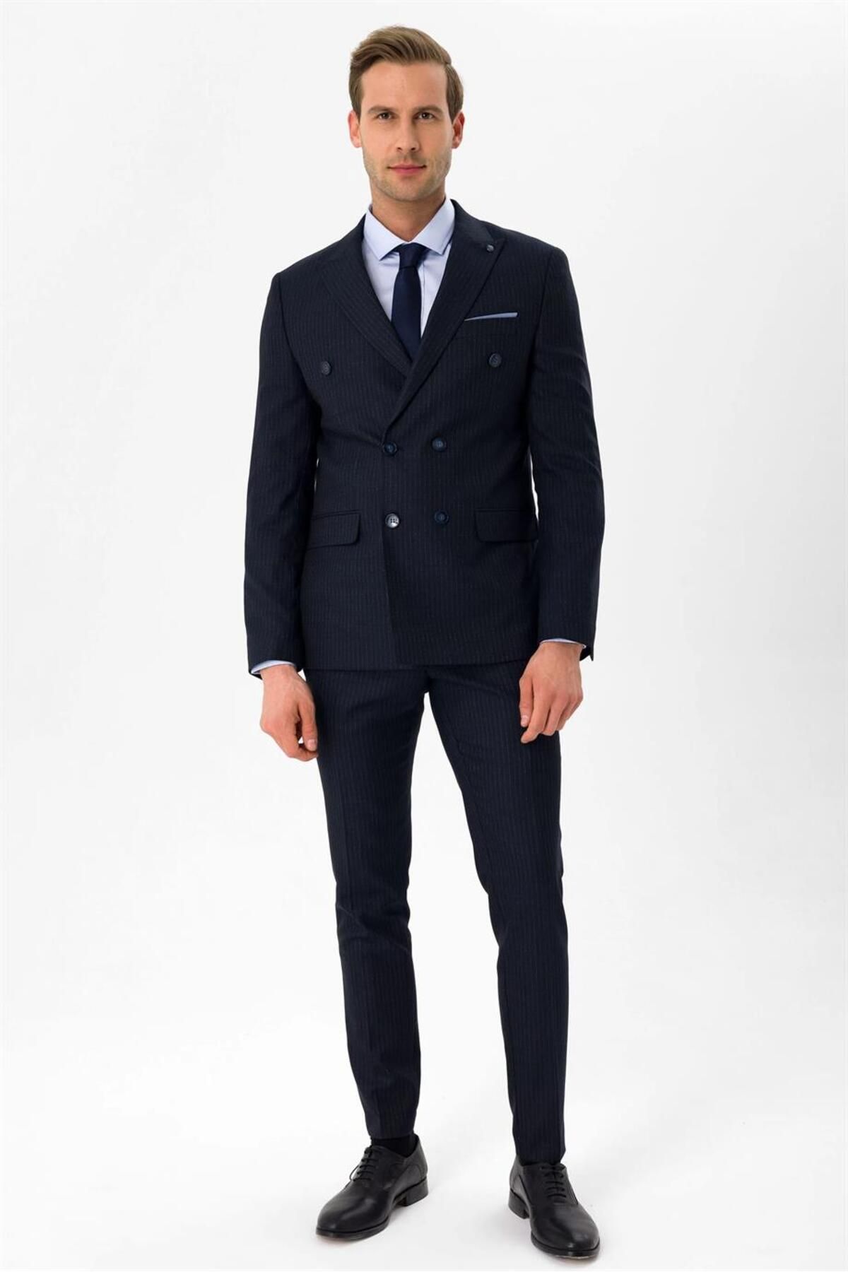 Süvari Dar Kesim Çizgili Lacivert Kruvaze Takım Elbise