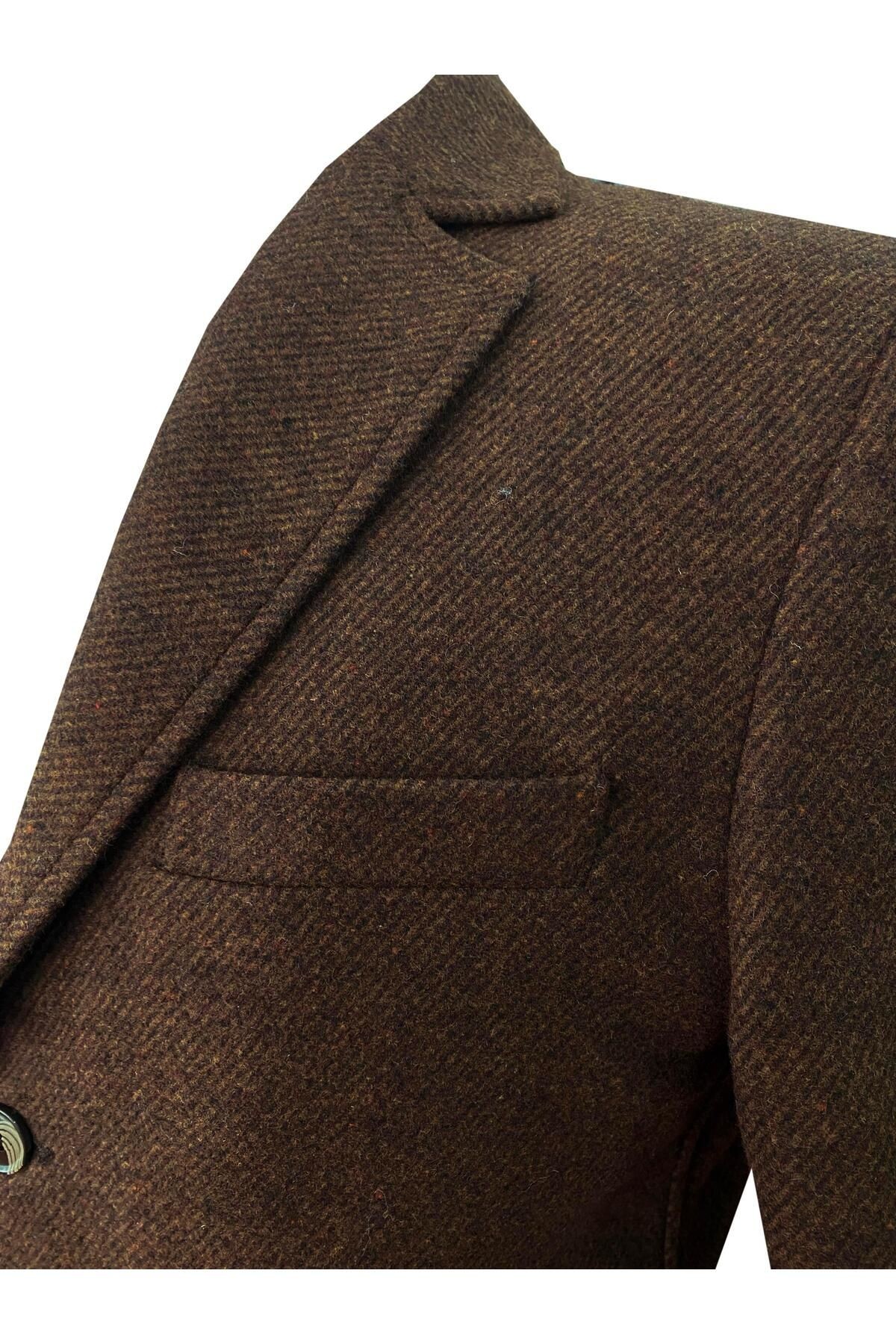 Süvari Slim Fit Mono Yaka Kahverengi Yünlü Erkek Kaban