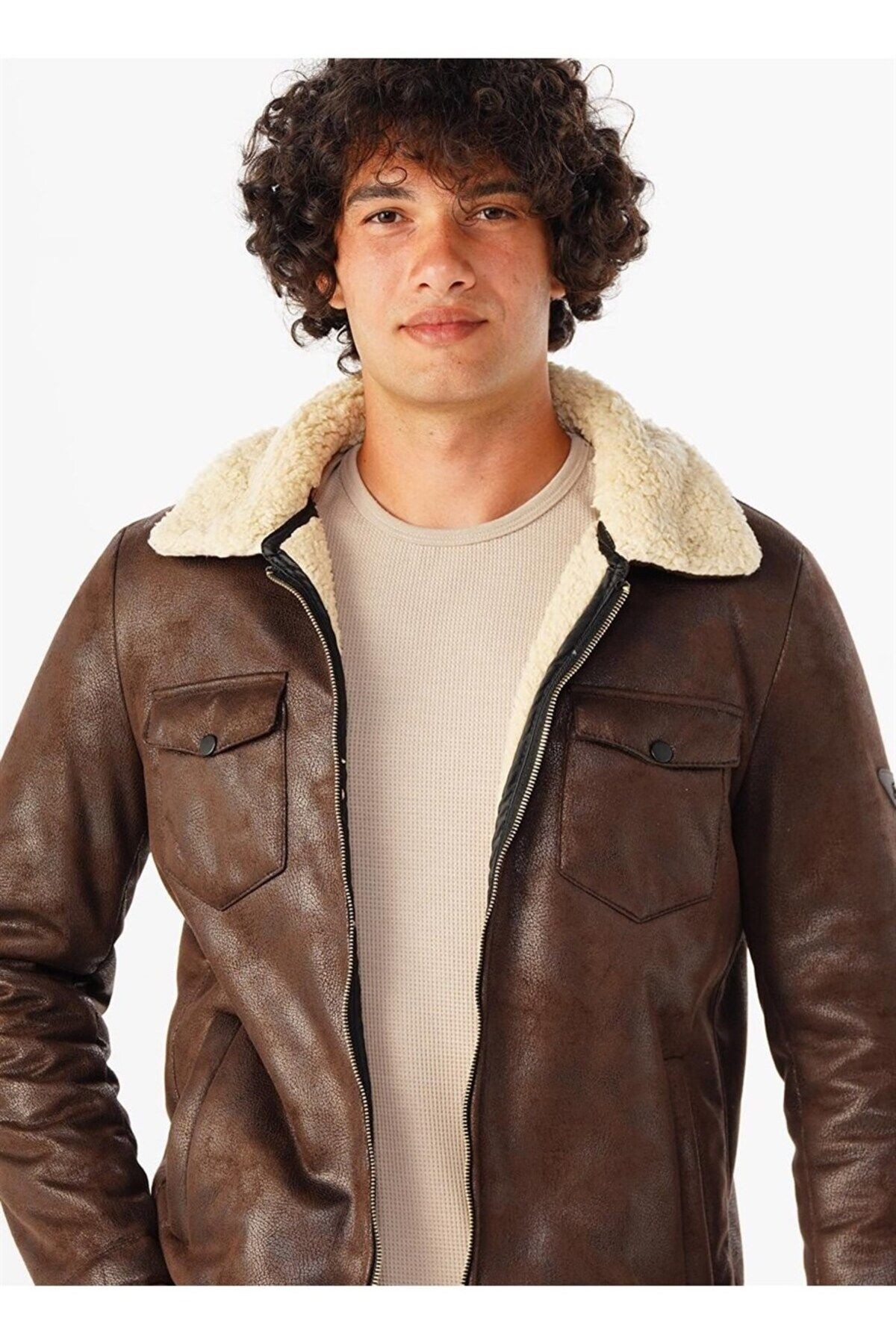 Süvari Slim Fit Içi Kürklü Suni Deri Kahverengi Mont