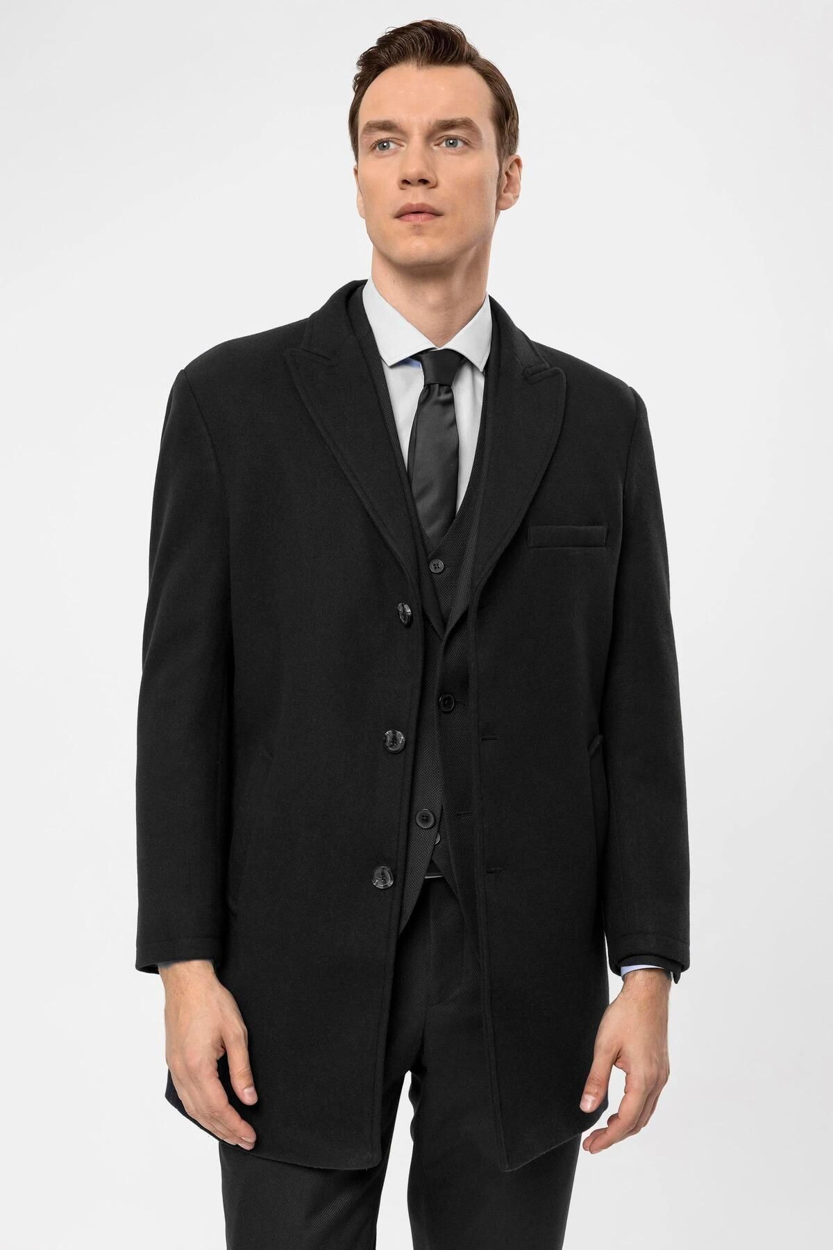 Süvari Slim Fit Yünlü Sivri Yaka Antrasit Erkek Kaban