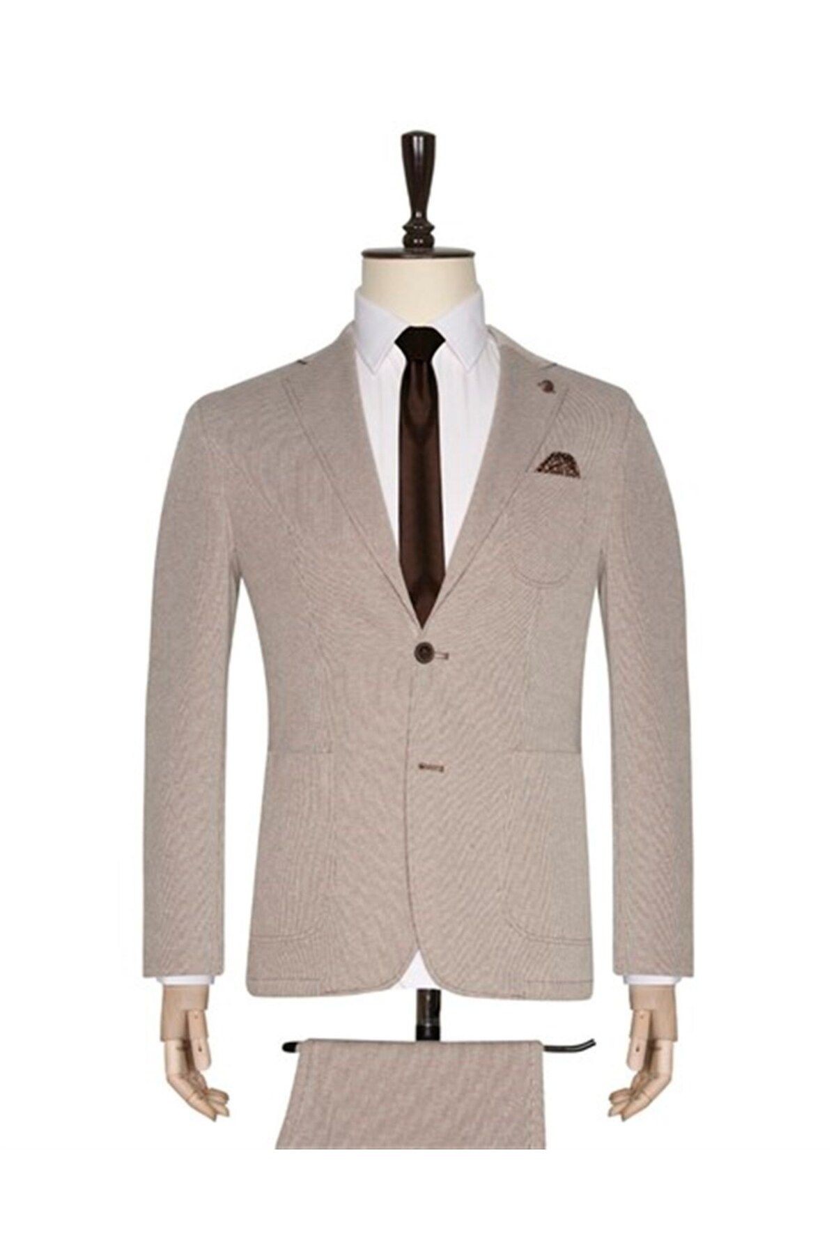 Süvari Slim Fit 6 Drop Yeleksiz Örme Desenli Bej Spor Takım Elbise