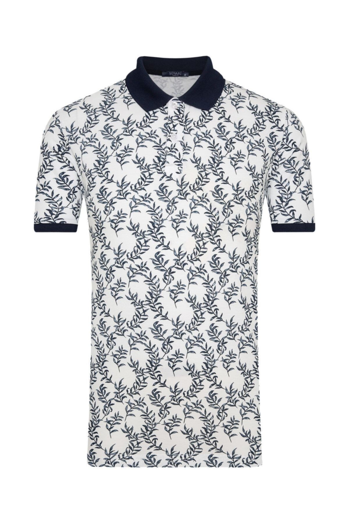 Slim Fit Desenli Polo Yaka Beyaz Erkek T-shirt