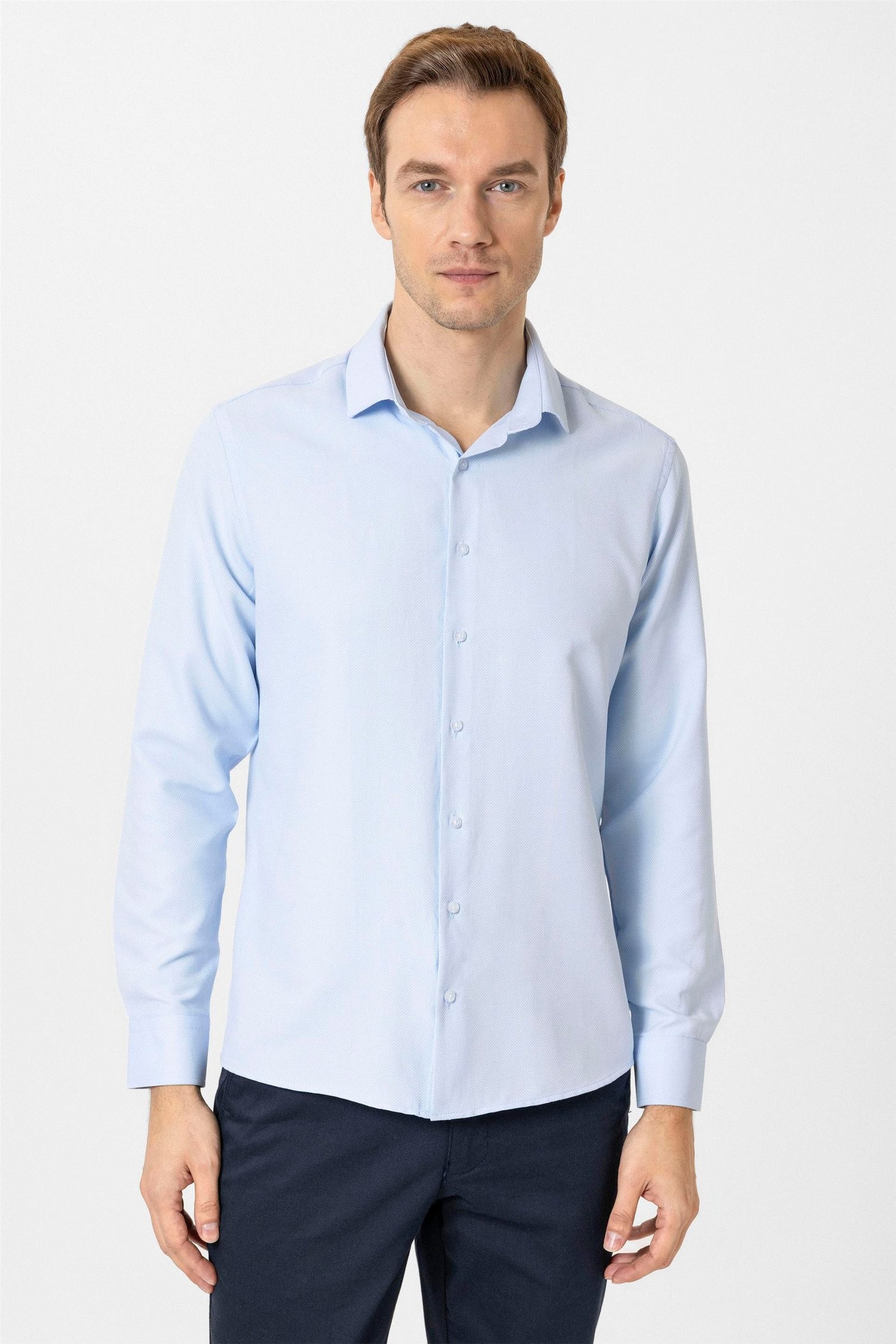 Süvari Slim Fit Mikro Desenli Kolay Ütü Teri Emen Nefes Alan Kravat Yaka Dört Mevsim Erkek Gömlek