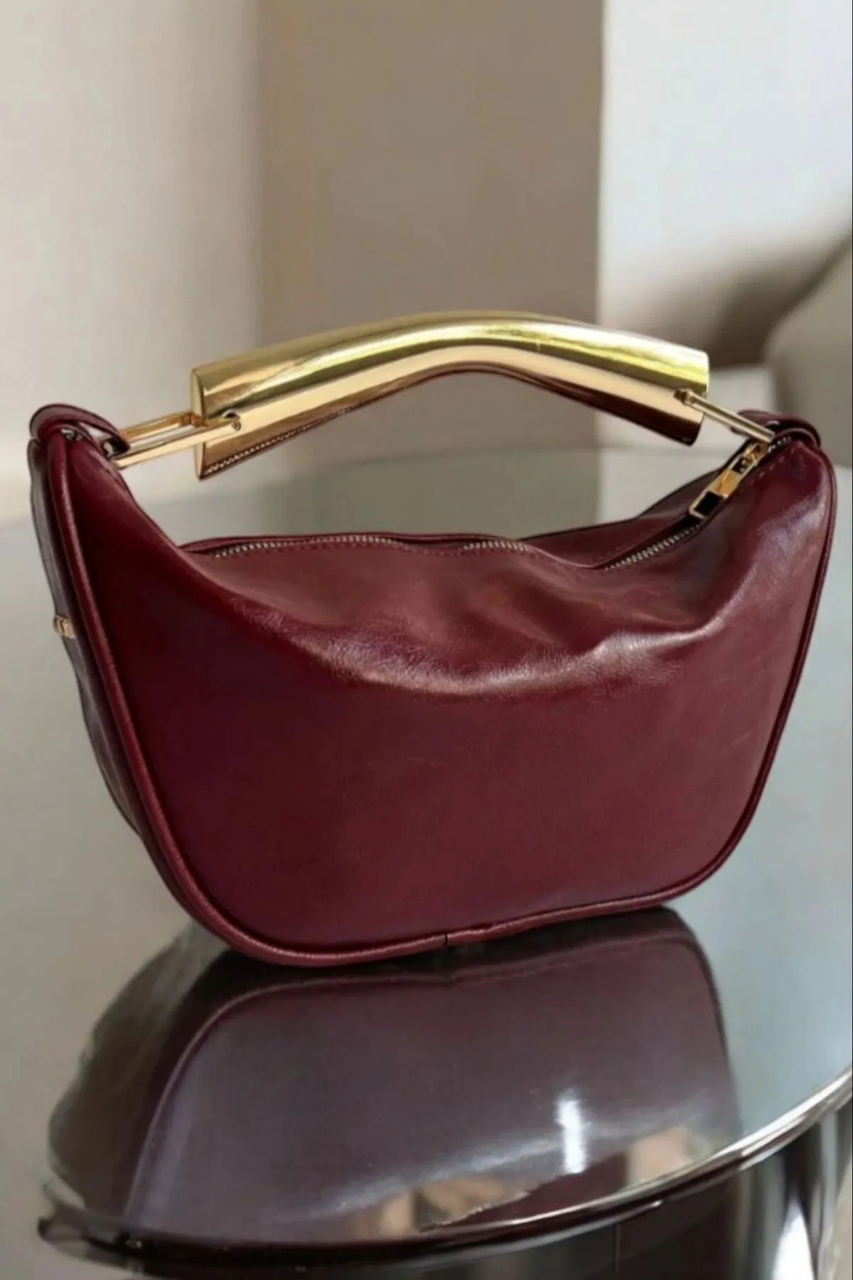 Bordo Gold Saplı Askılı Omuz Çantası