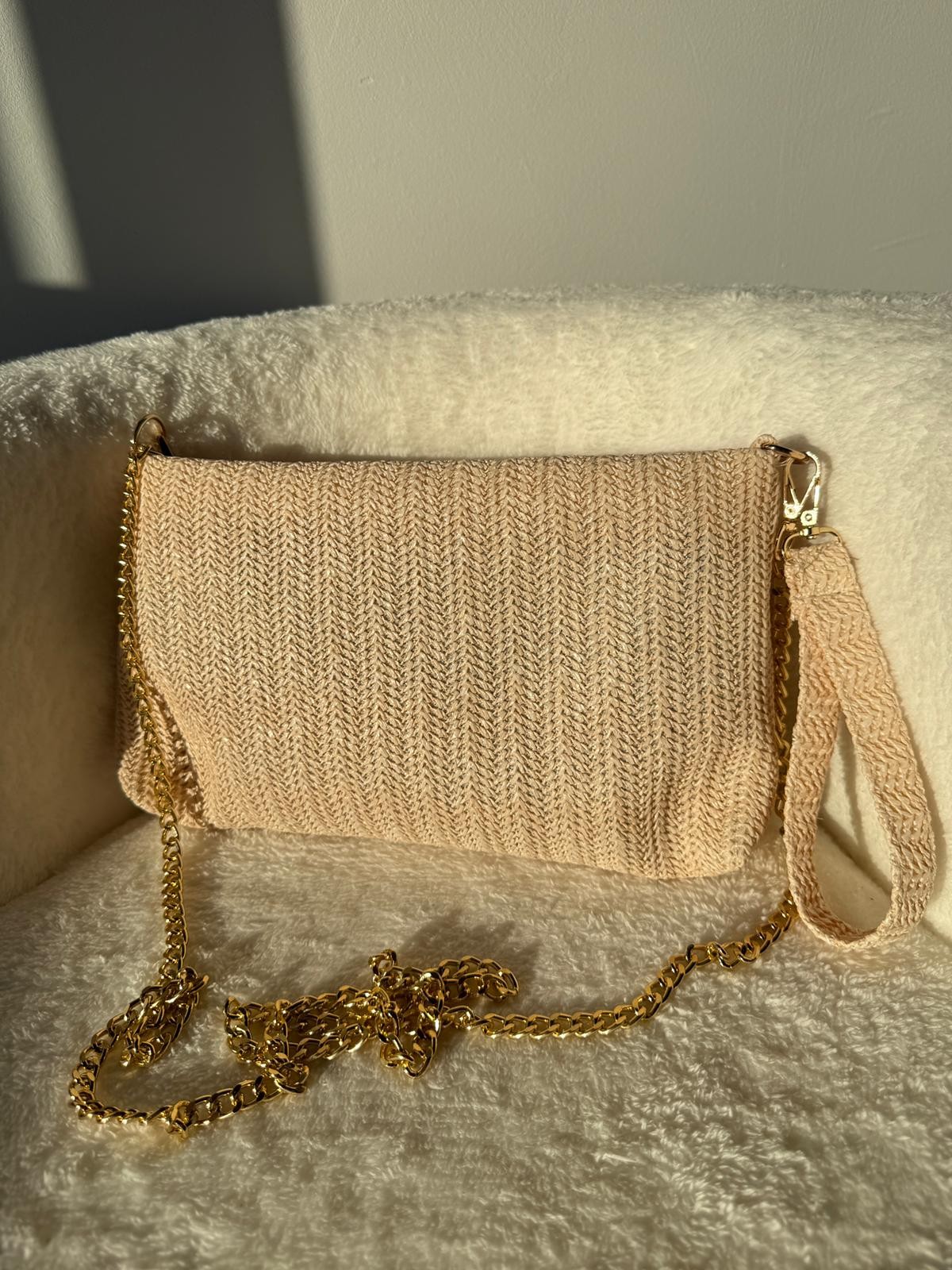Kadın Krem Hasır Clutch El ve Omuz Çantası