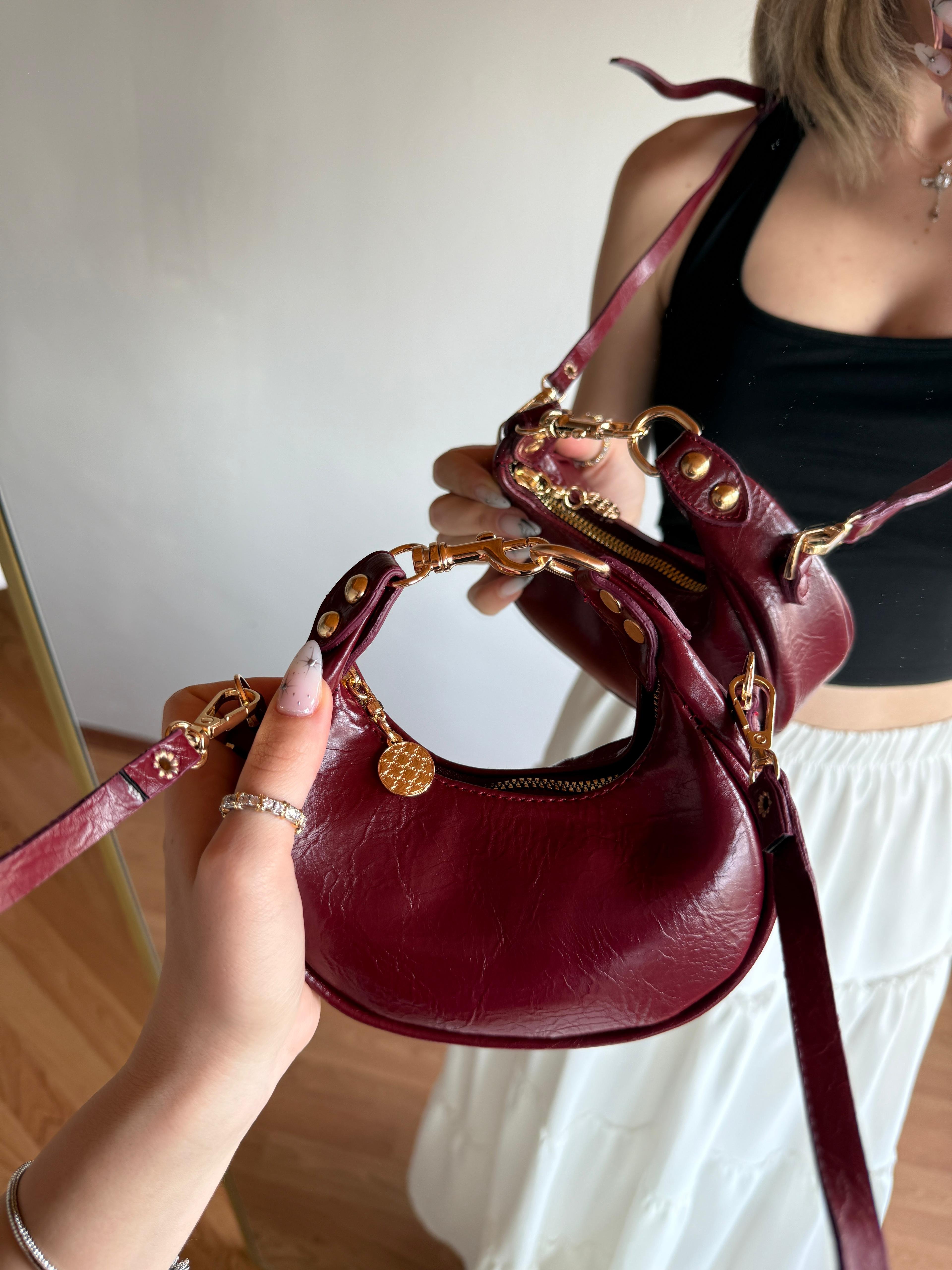 CC Model Mini Boy Bordo Aksesuar Detaylı Kadın El ve Omuz Çanta 