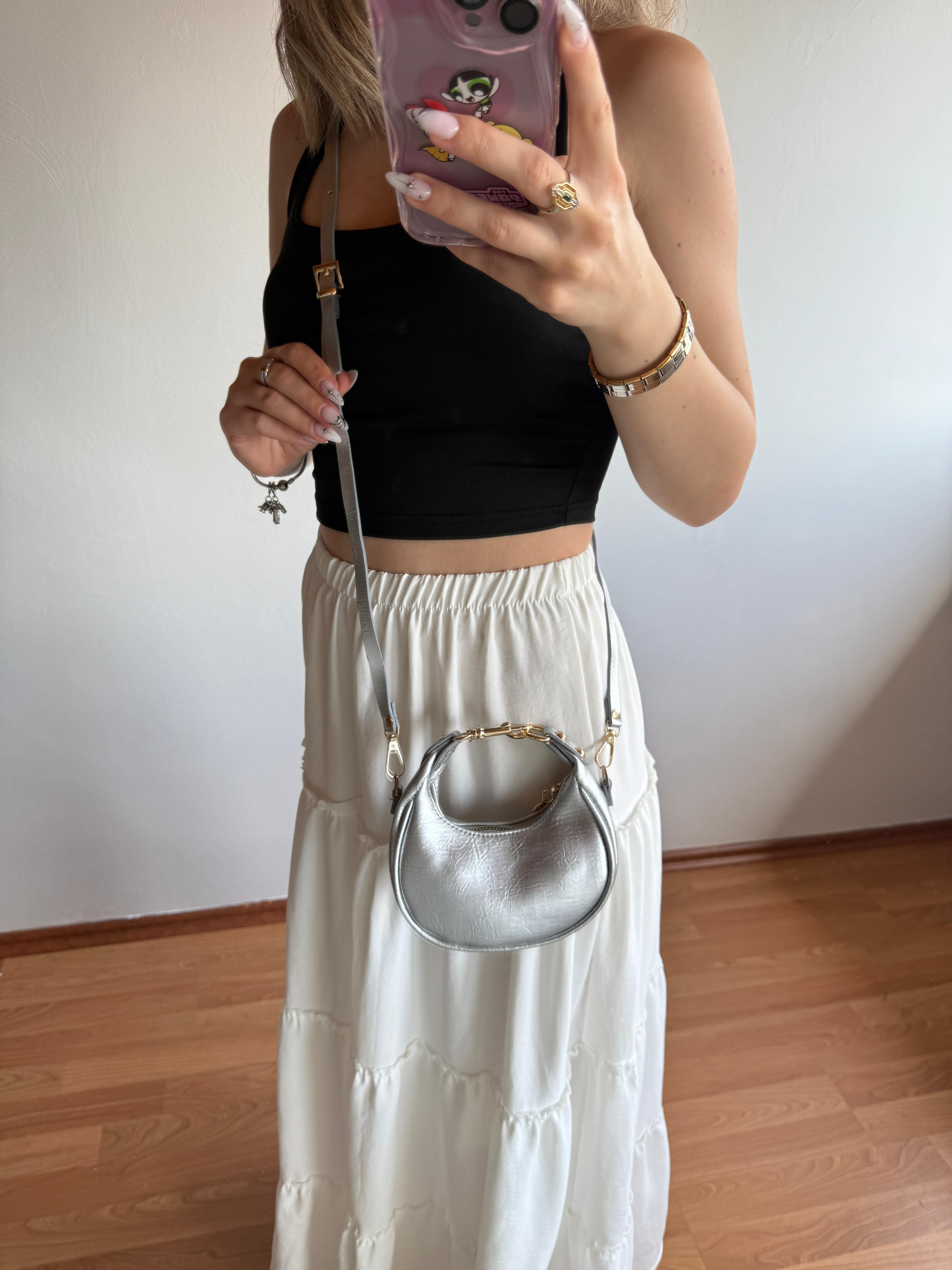 CC Model Mini Boy Gümüş Aksesuar Detaylı Kadın El ve Omuz Çanta 