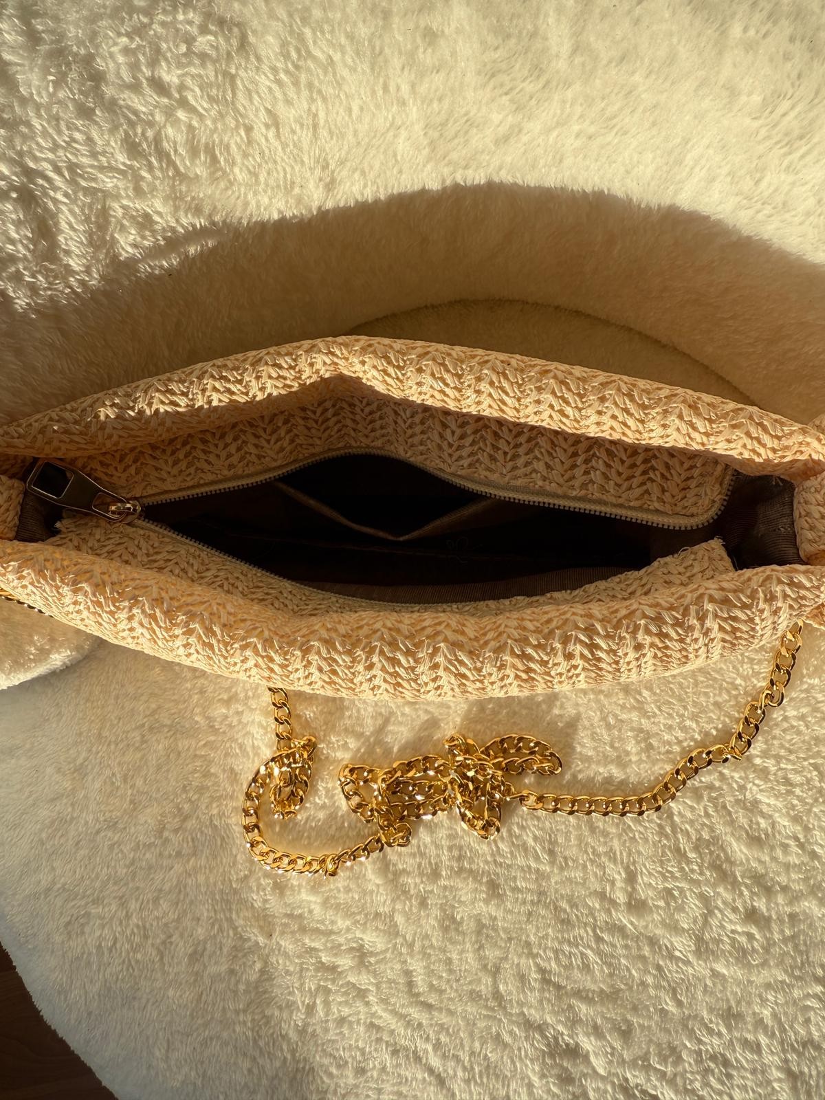 Kadın Krem Hasır Clutch El ve Omuz Çantası