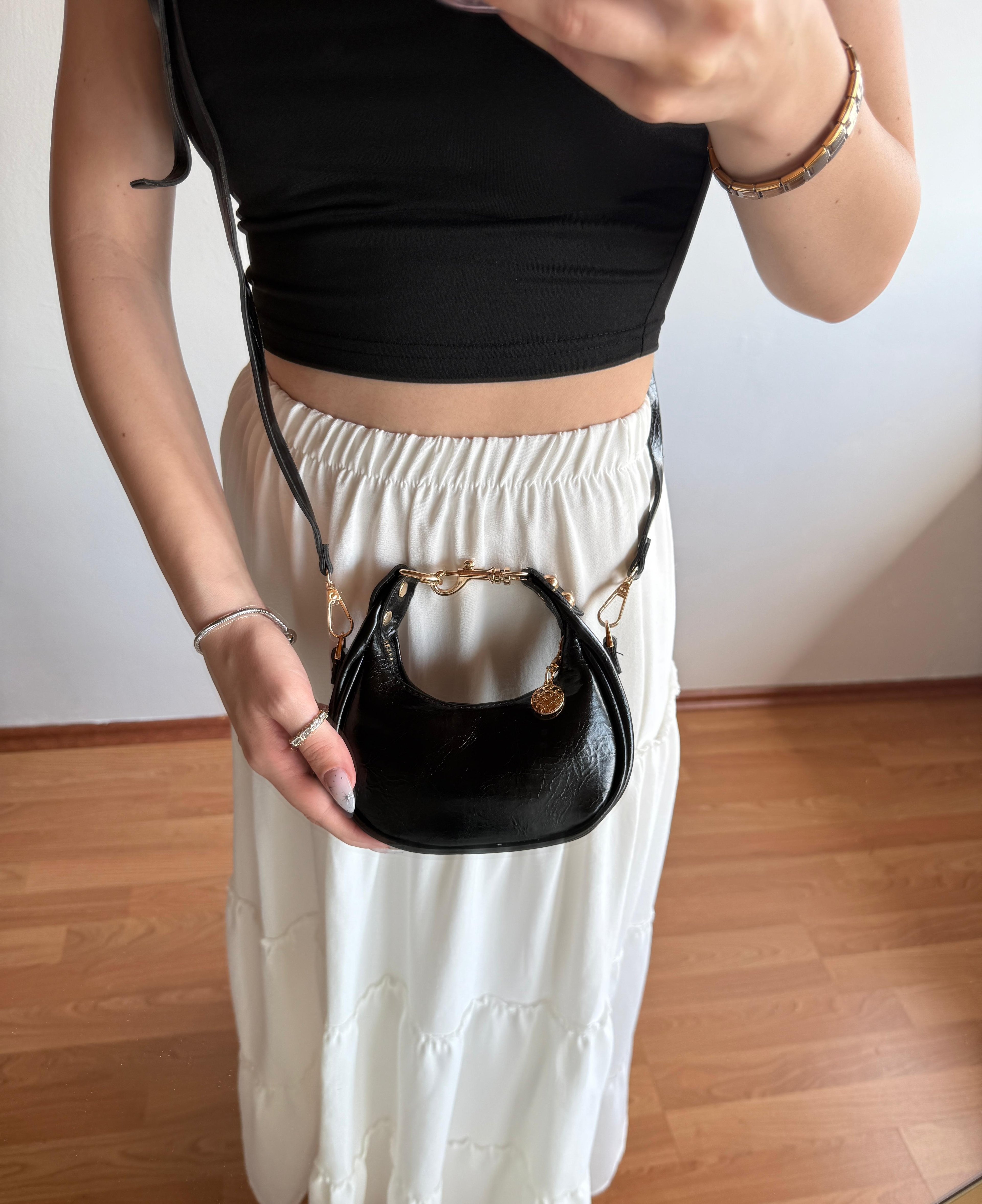 CC Model Mini Boy Siyah Aksesuar Detaylı Kadın El ve Omuz Çanta 