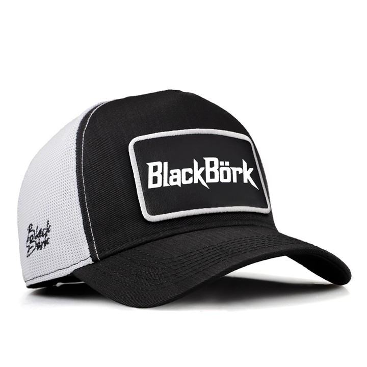 Siyah-Beyaz Cordura Kumaş Trucker Şapka (Cap) - BlackBörk 2 - Kod Logolu