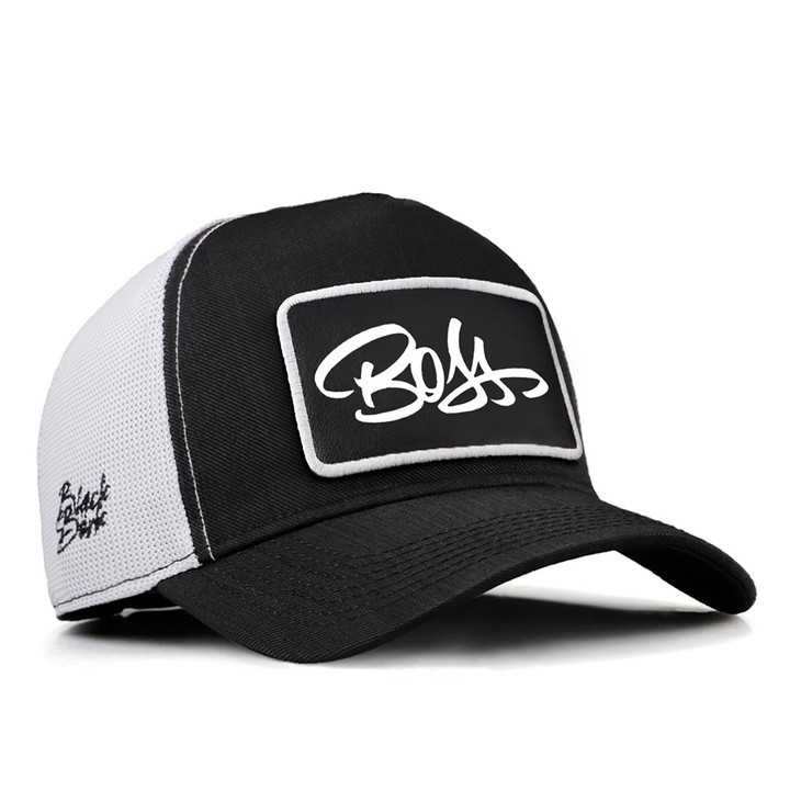 Siyah-Beyaz Cordura Kumaş Trucker Şapka (Cap) - Boss - 2 Kod Logolu