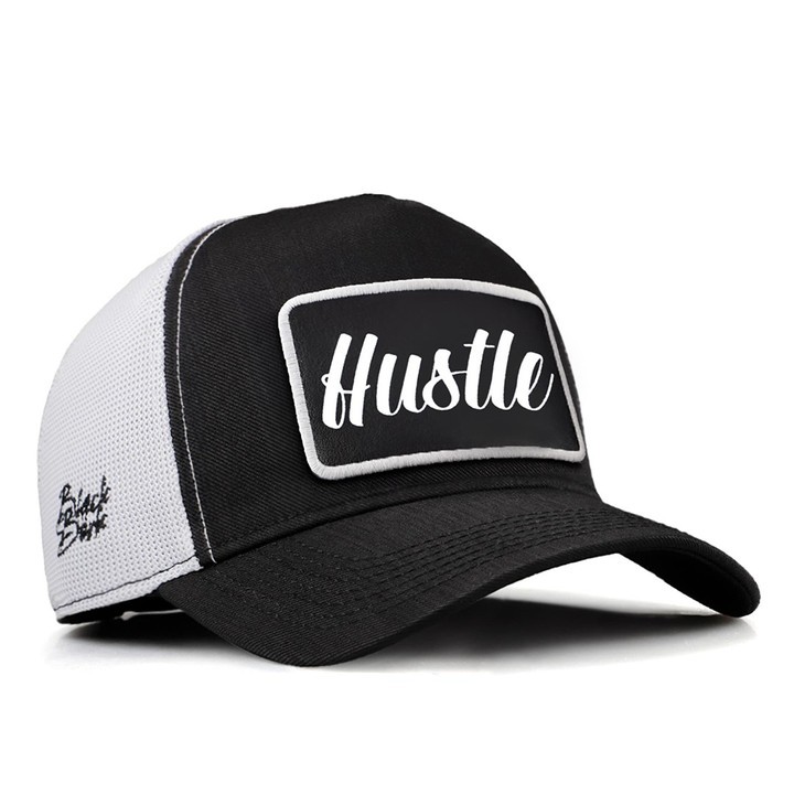 Siyah-Beyaz Cordura Kumaş Trucker Şapka (Cap) - Hustle - 2 Kod Logolu