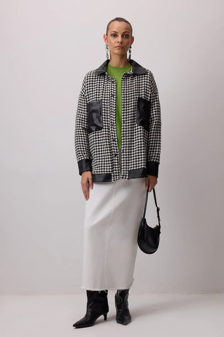 Kazayağı Desenli Deri Detaylı Oversize Gömlek Ceket