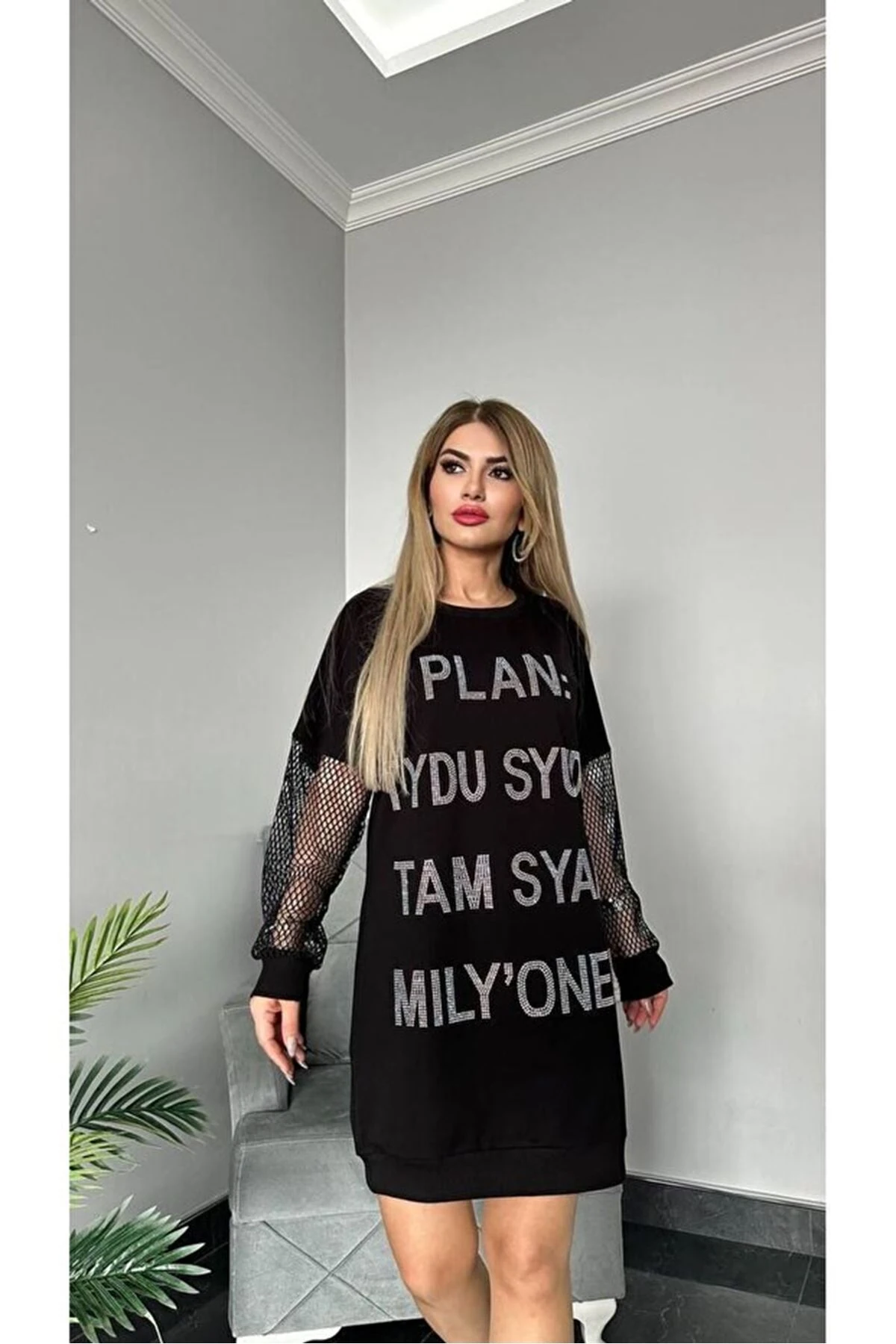 Tasarım kol file detaylı tunik Elbise Siyah