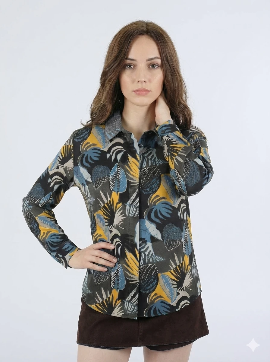 Tropikal Yaprak Desenli Füme Gömlek