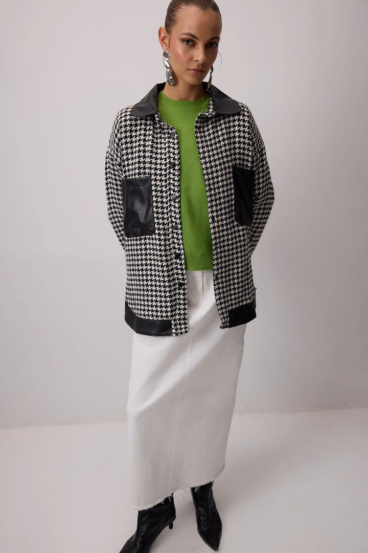 Kazayağı Desenli Deri Detaylı Oversize Gömlek Ceket