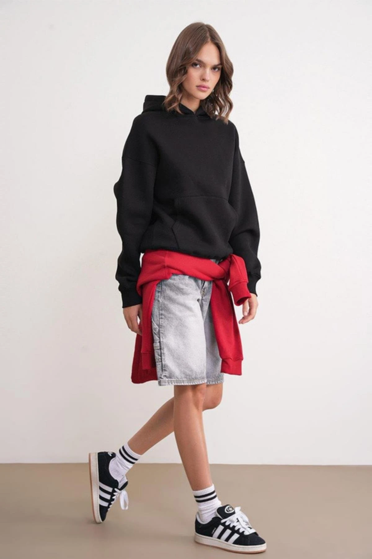 3 iplik Polarlı Kapüşonlu Sweatshirt Siyah