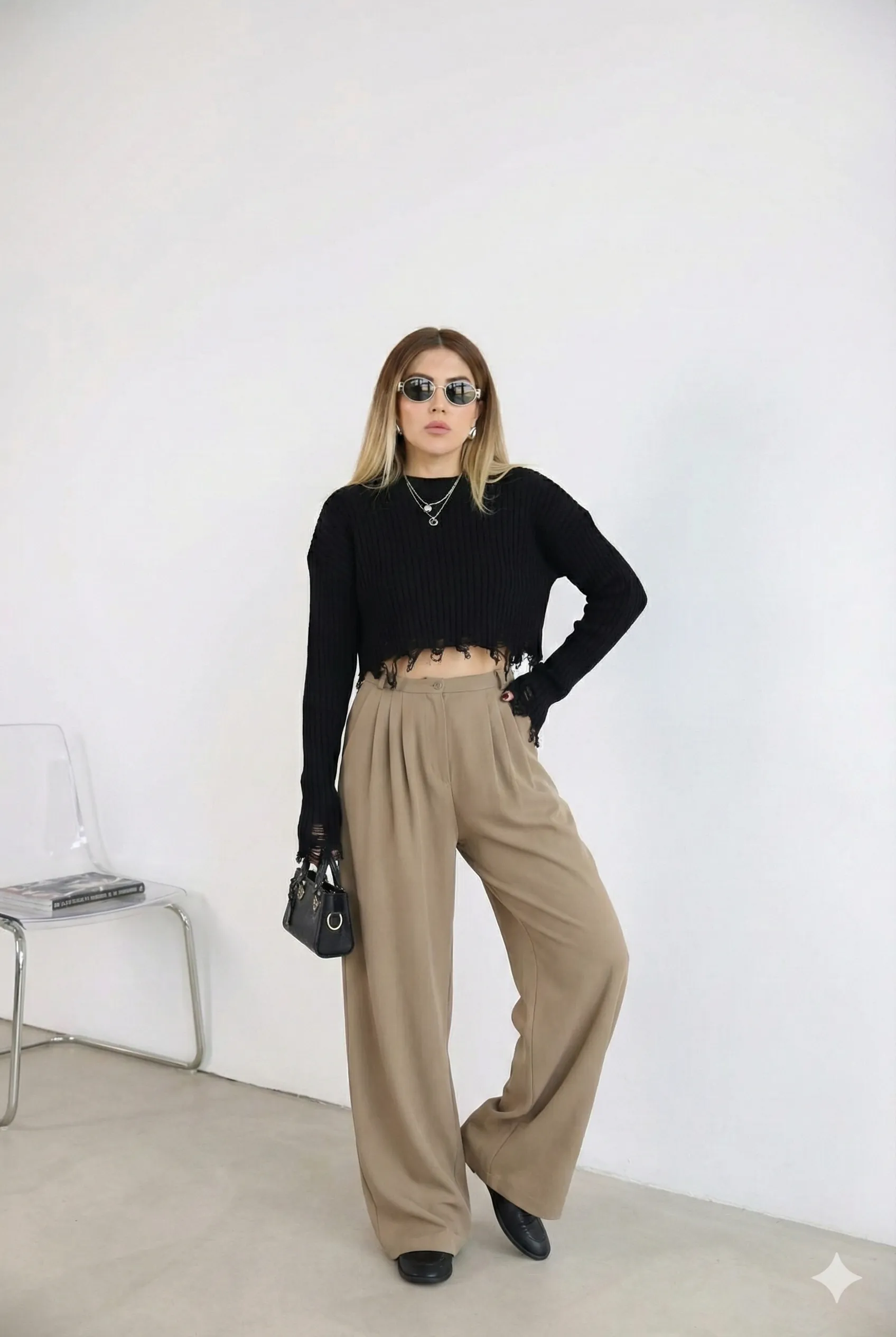 Yırtık Detay Crop Kazak siyah