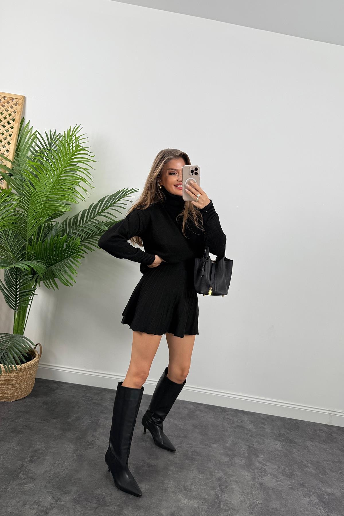 Balıkçı Yaka Etek Kazak Yumoş Triko Takım Siyah