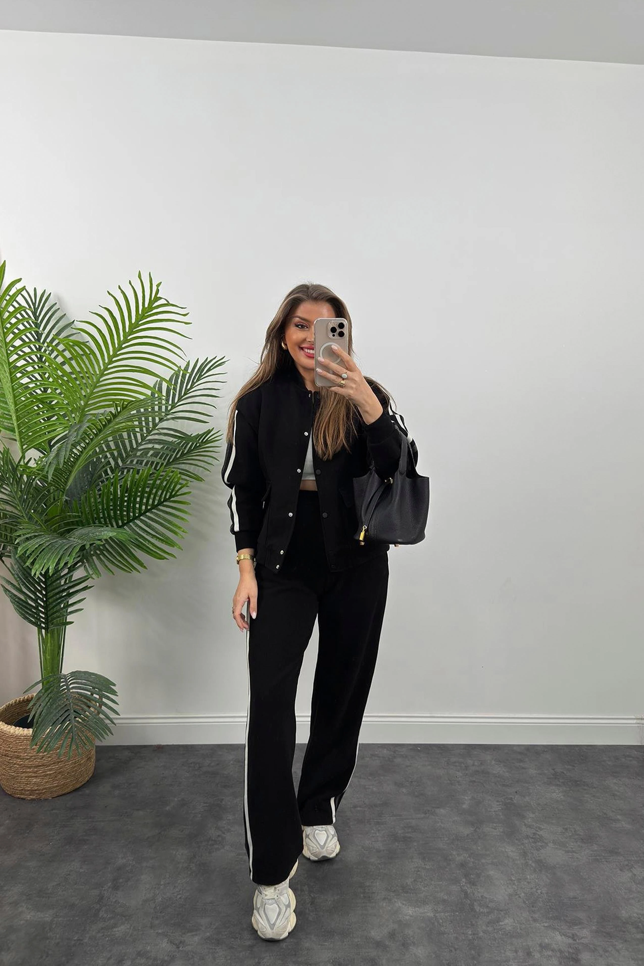 Premium Kalite Şeritli Selanik Kumaş Bomber Ceketli Palazzo Takım Siyah