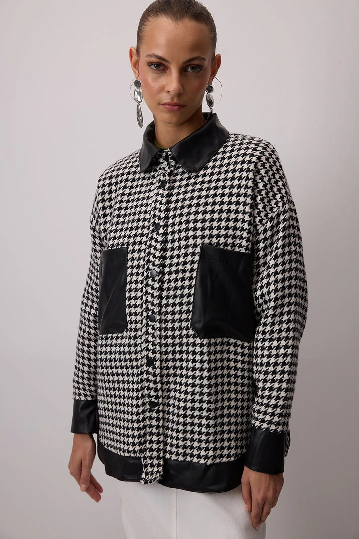 Kazayağı Desenli Deri Detaylı Oversize Gömlek Ceket