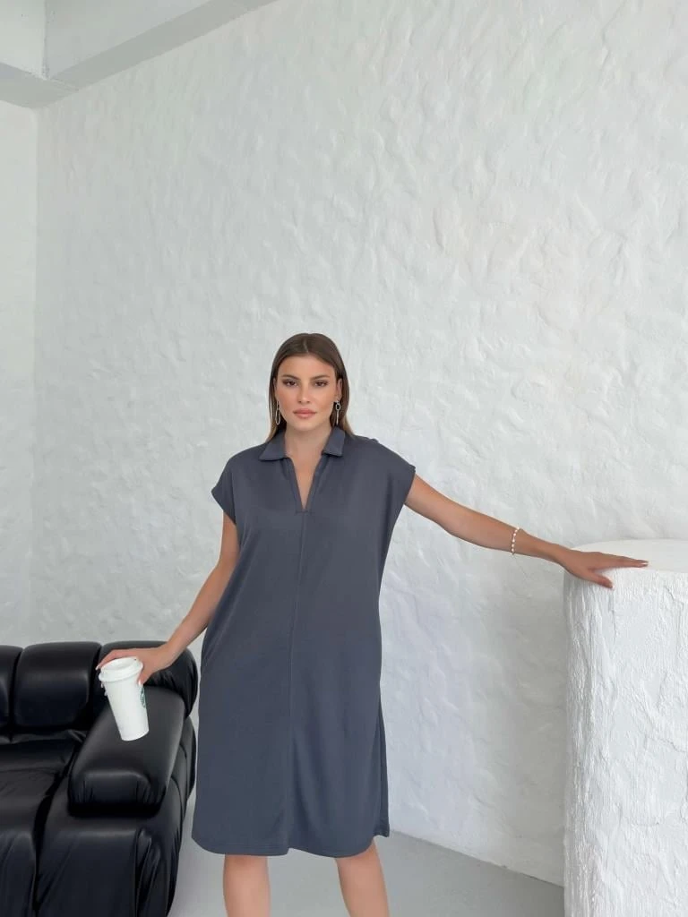 Premium Antrasit Polo Yaka Modal Elbise