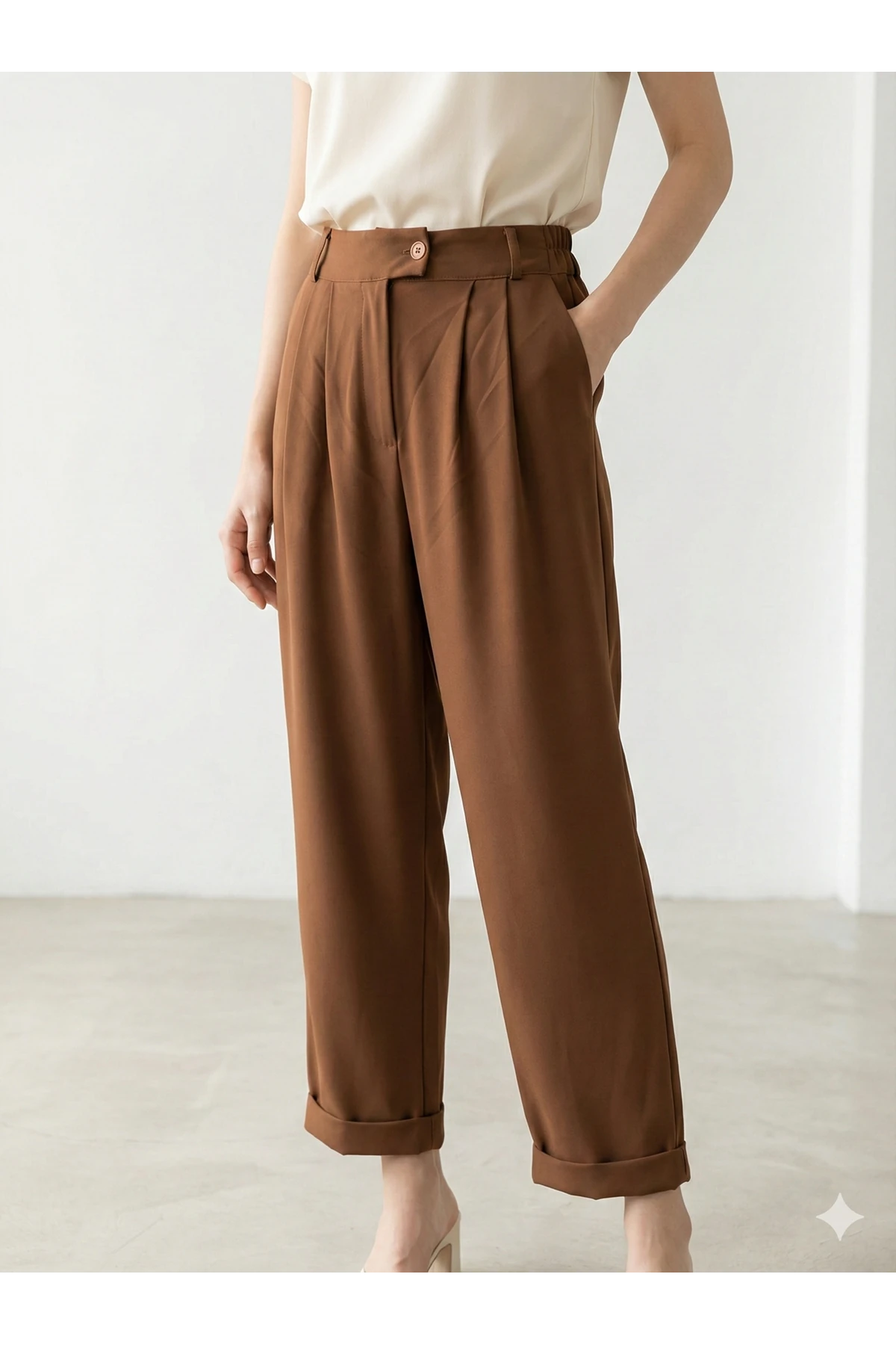 Pileli Lastikli Havuç Pantolon Kahverengi