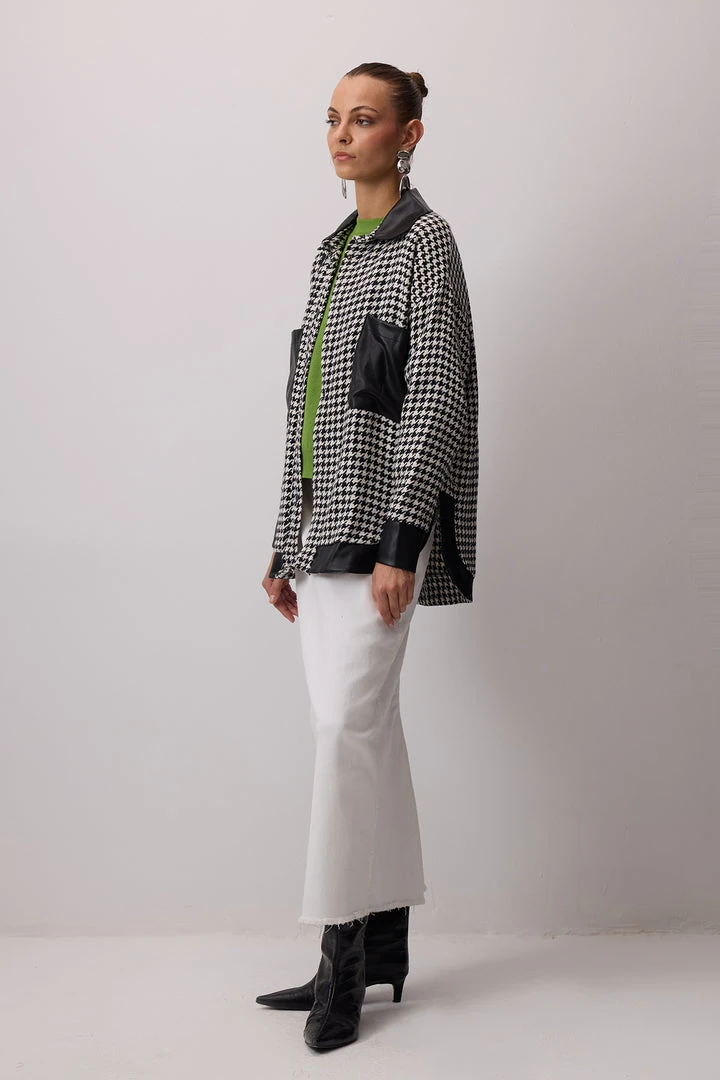 Kazayağı Desenli Deri Detaylı Oversize Gömlek Ceket