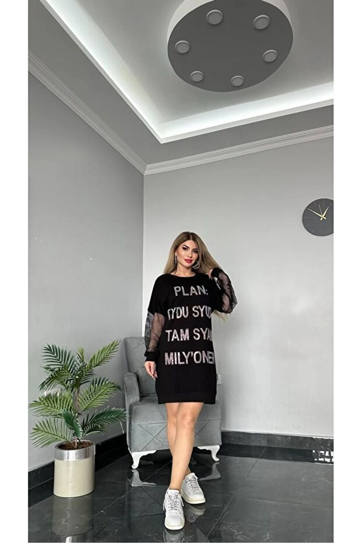 Tasarım kol file detaylı tunik Elbise Siyah