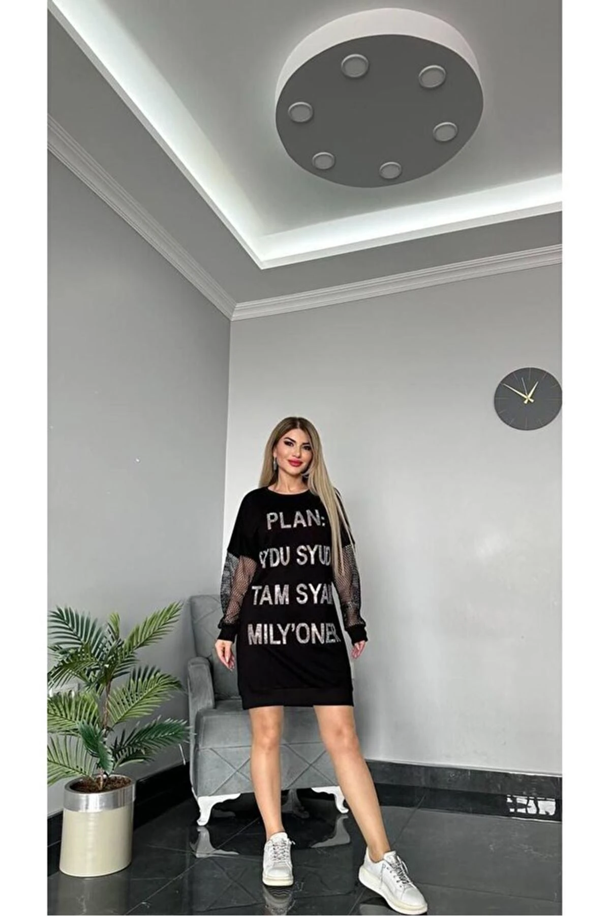 Tasarım kol file detaylı tunik Elbise Siyah