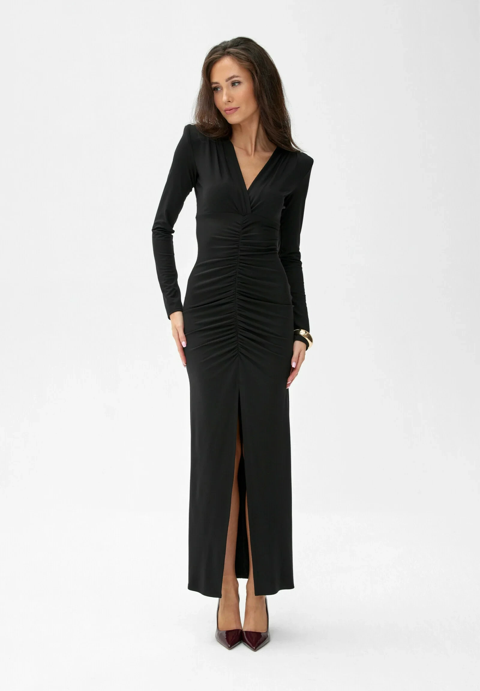 Kadın Drape Detaylı Uzun Elbise siyah