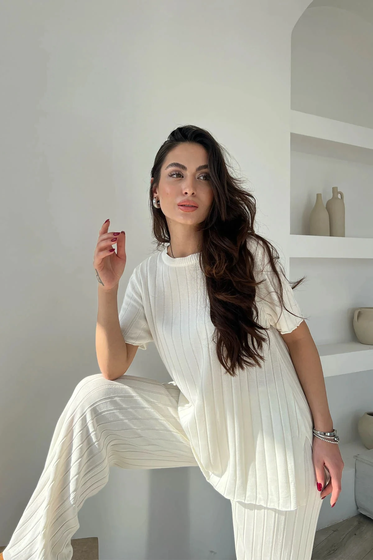 Ekru Fitilli Kısa Kol ve Pantolon Triko Takım