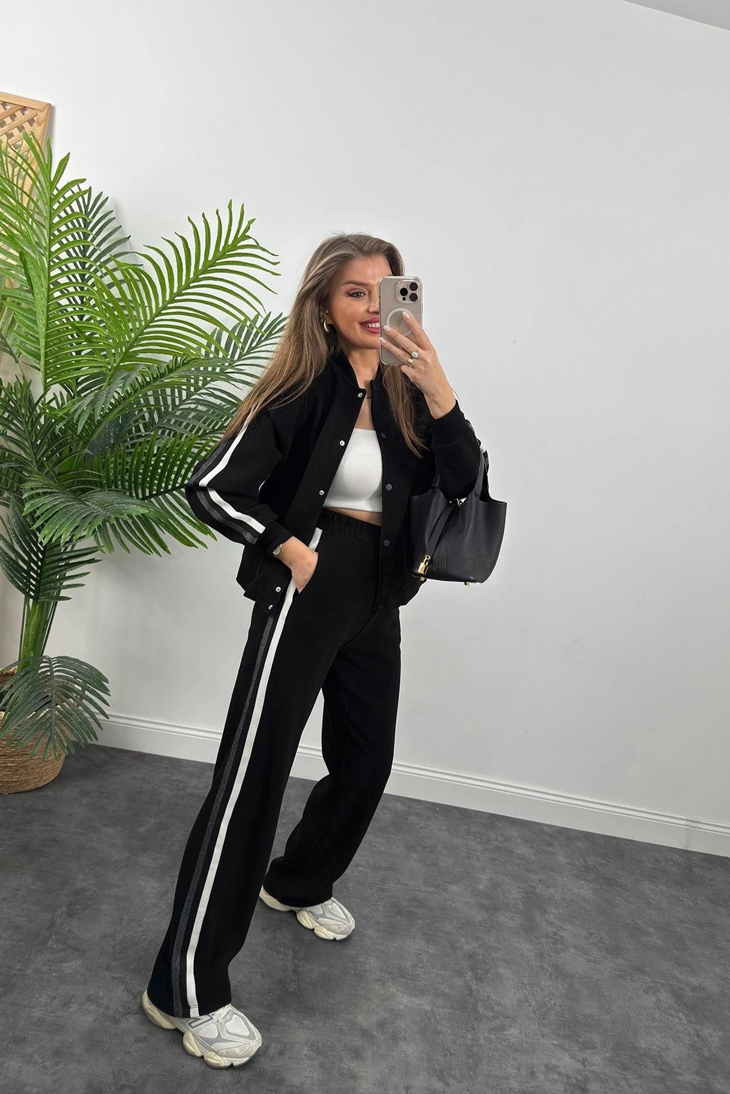 Premium Kalite Şeritli Selanik Kumaş Bomber Ceketli Palazzo Takım Siyah