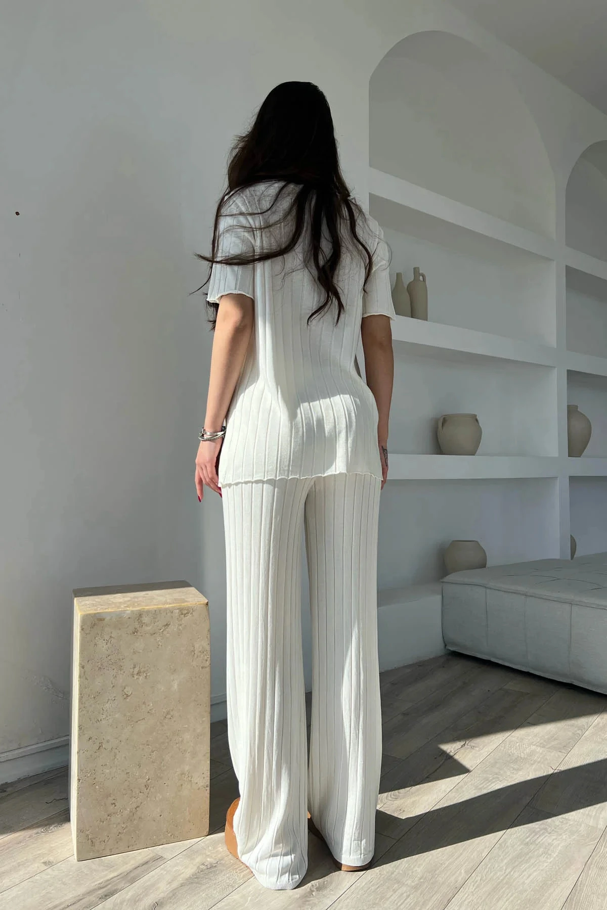 Ekru Fitilli Kısa Kol ve Pantolon Triko Takım