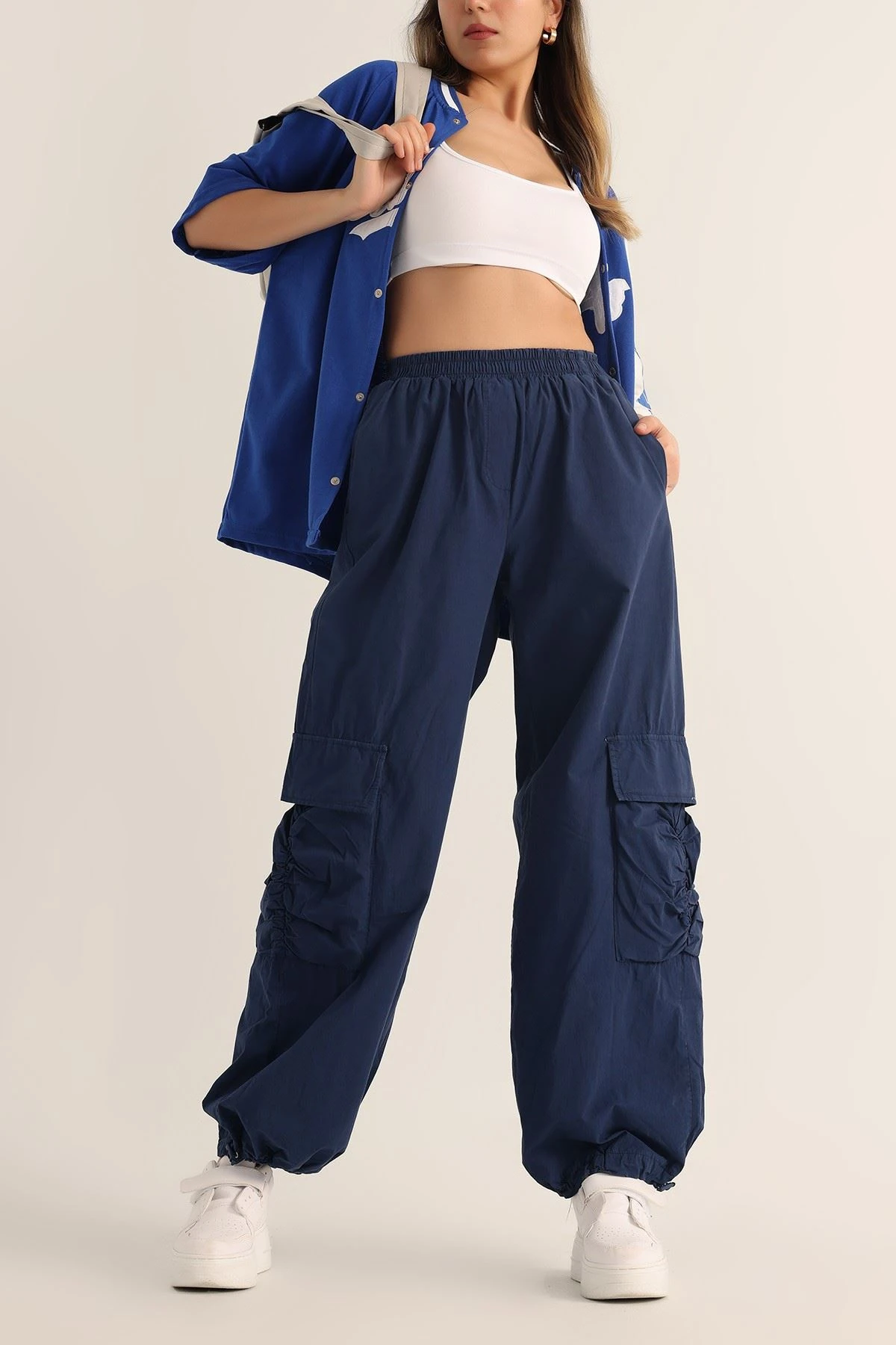 Bel ve Paça Lastikli Bayan Kargo Pantolon Lacivert