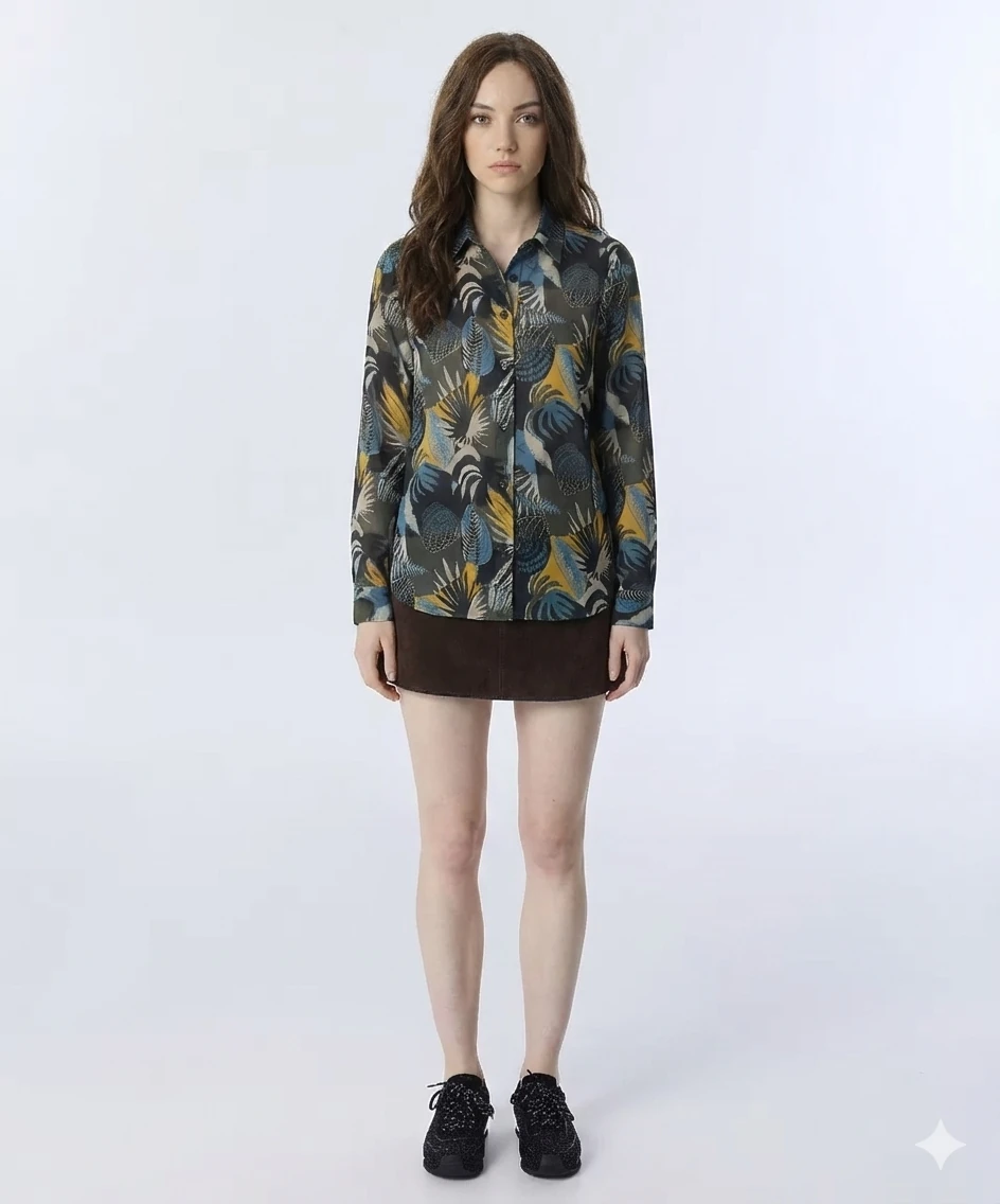 Tropikal Yaprak Desenli Füme Gömlek
