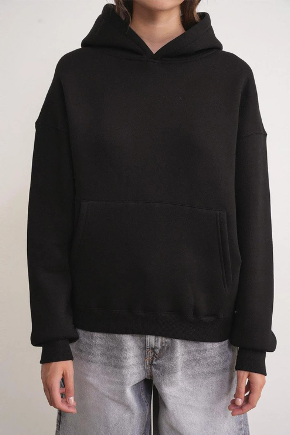 3 iplik Polarlı Kapüşonlu Sweatshirt Siyah