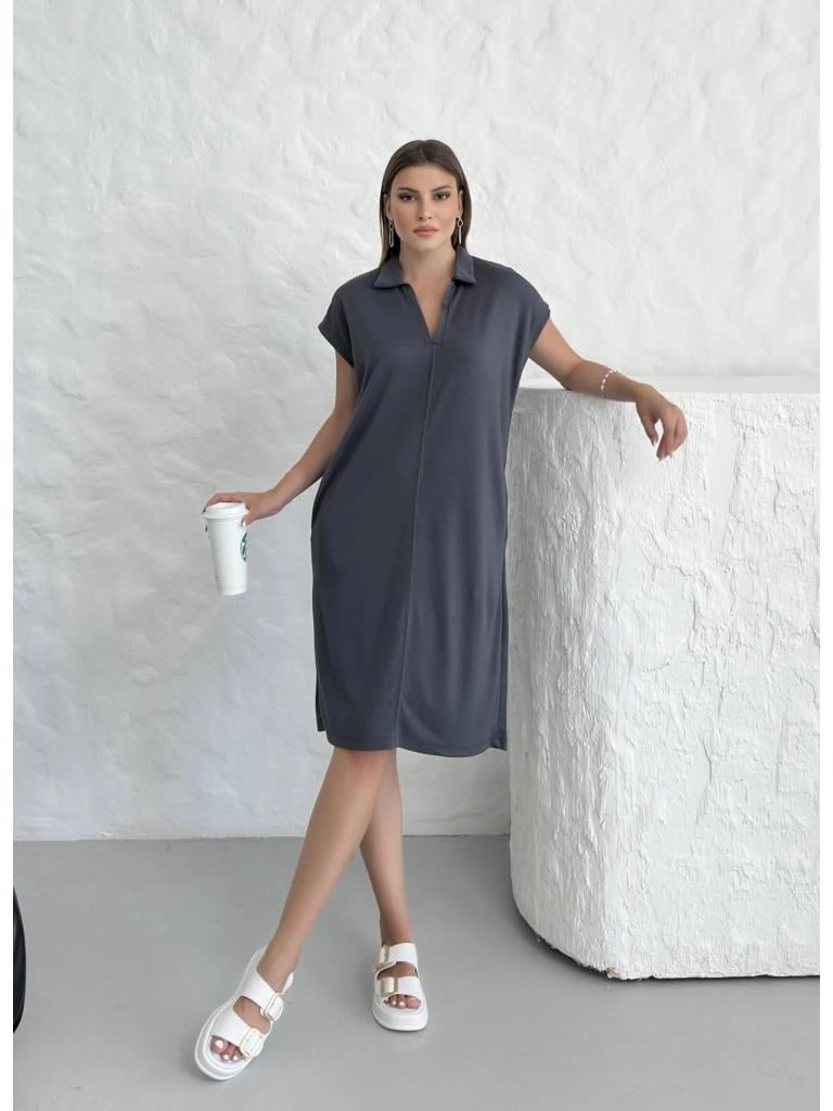 Premium Antrasit Polo Yaka Modal Elbise