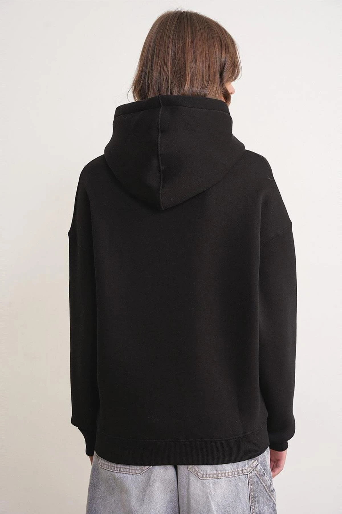 3 iplik Polarlı Kapüşonlu Sweatshirt Siyah