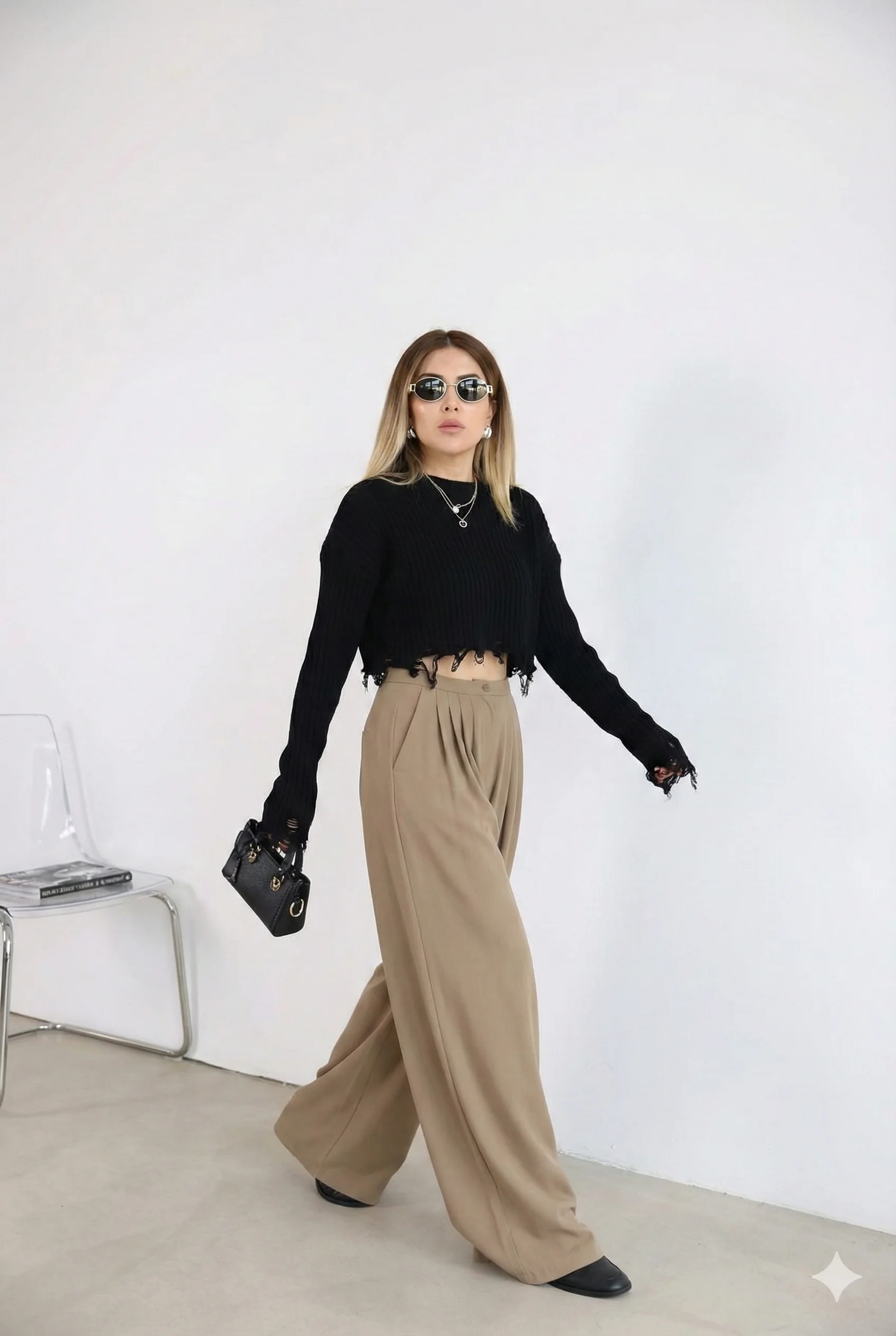 Yırtık Detay Crop Kazak siyah