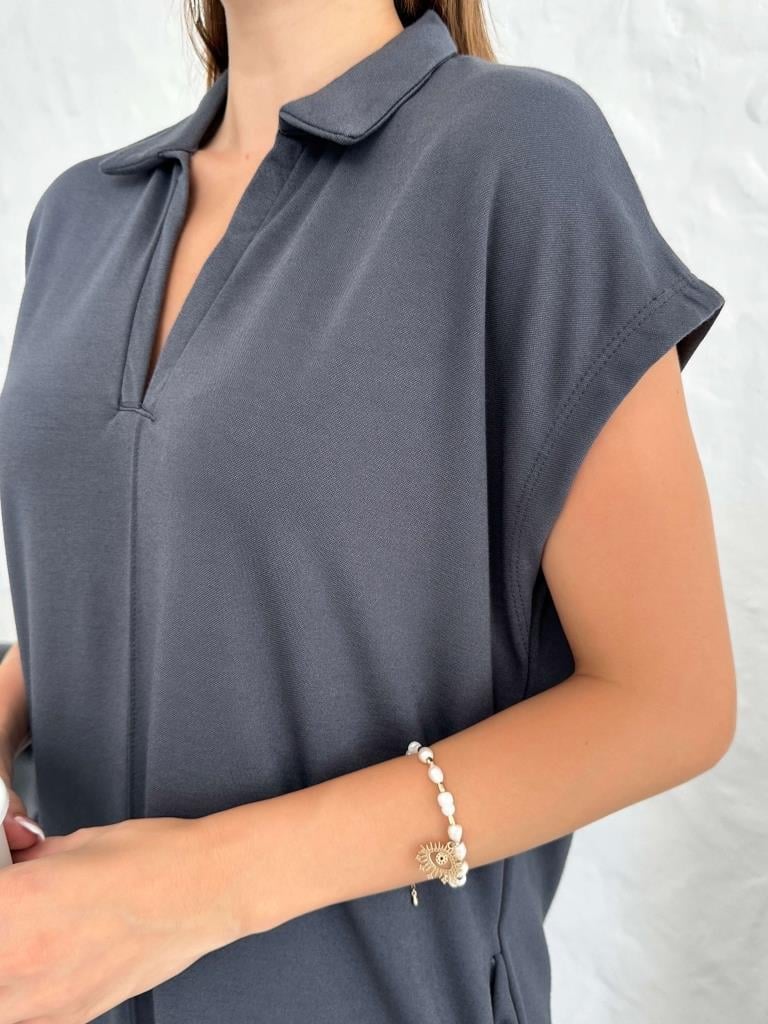 Premium Antrasit Polo Yaka Modal Elbise