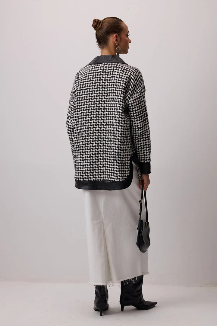 Kazayağı Desenli Deri Detaylı Oversize Gömlek Ceket