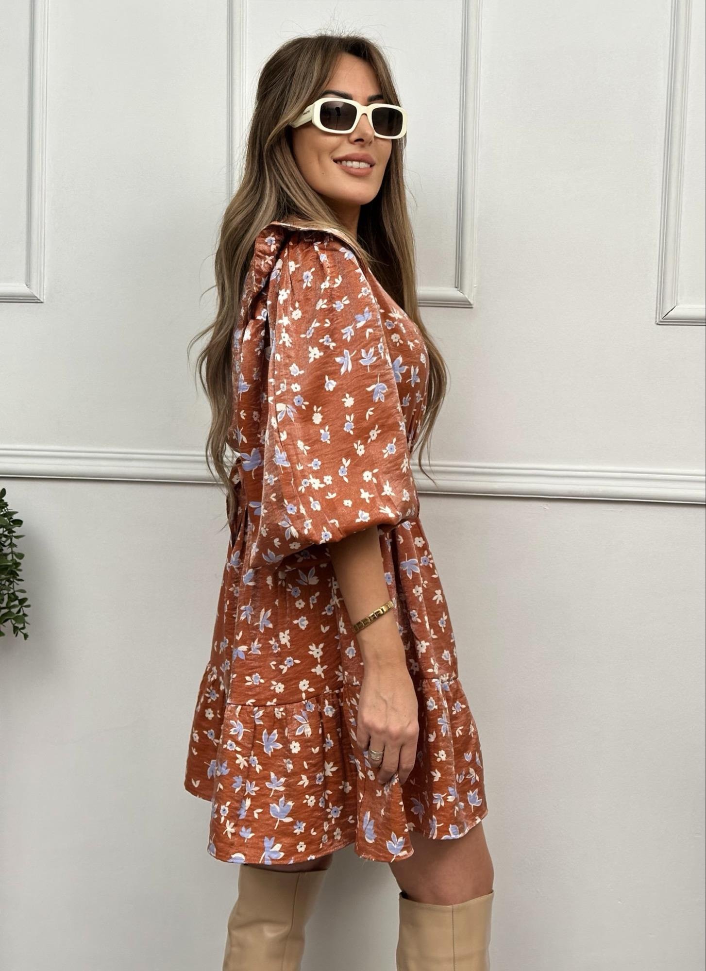 İndigo Çiçekli Astarlı Fırfırlı Şifon Elbise - Camel