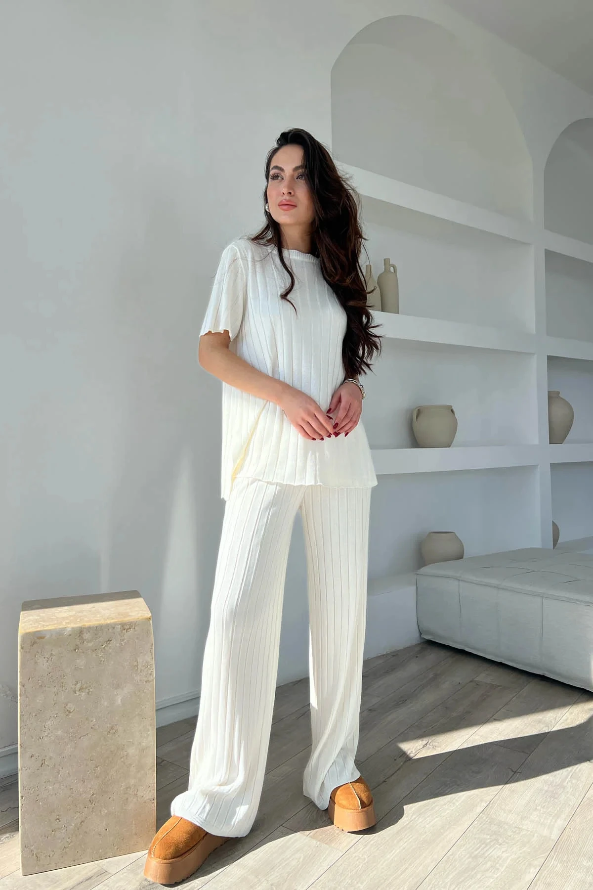 Ekru Fitilli Kısa Kol ve Pantolon Triko Takım