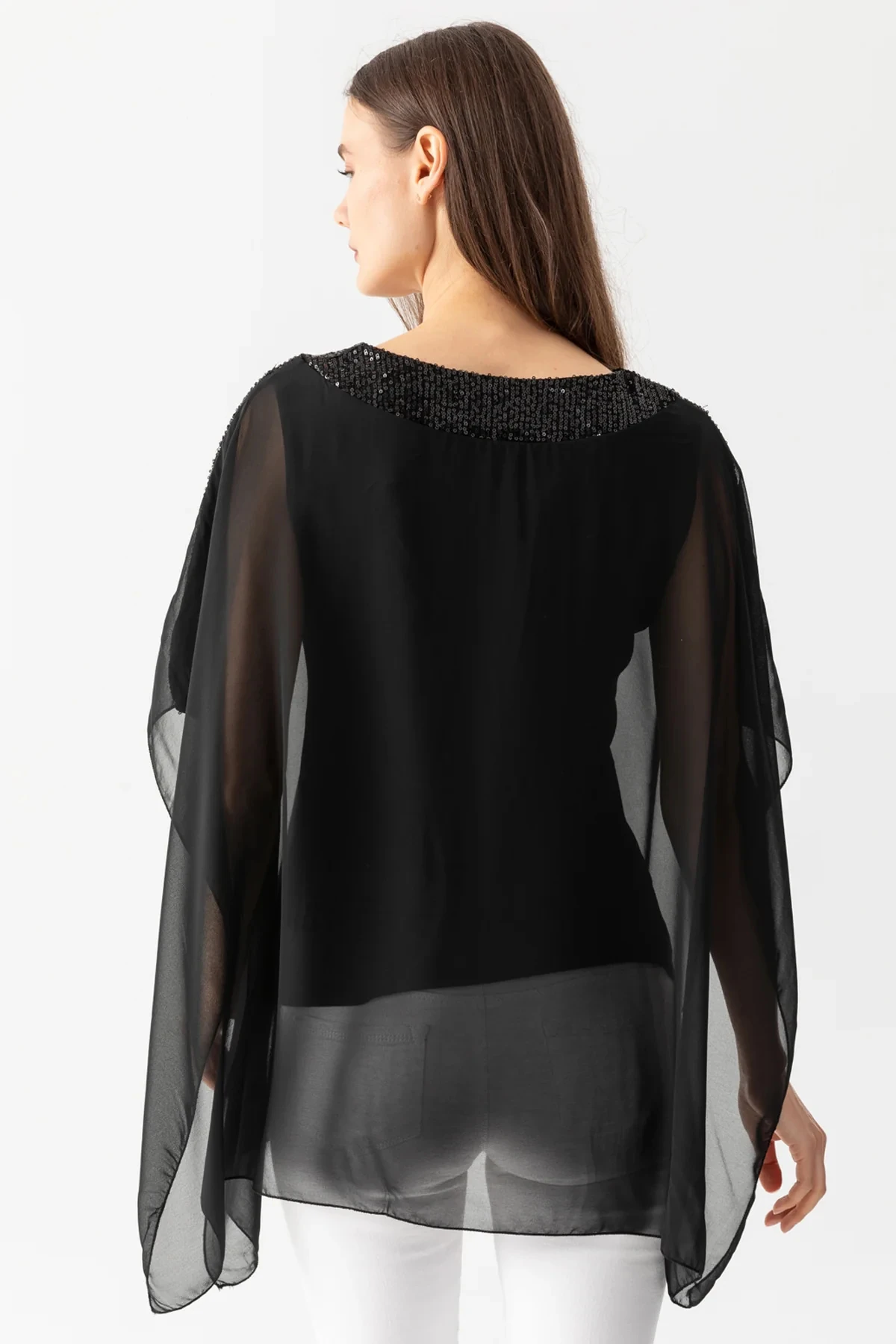 Kadın Siyah Pul Detaylı Viskon Penye Astarlı Şifon Pelerin Bluz