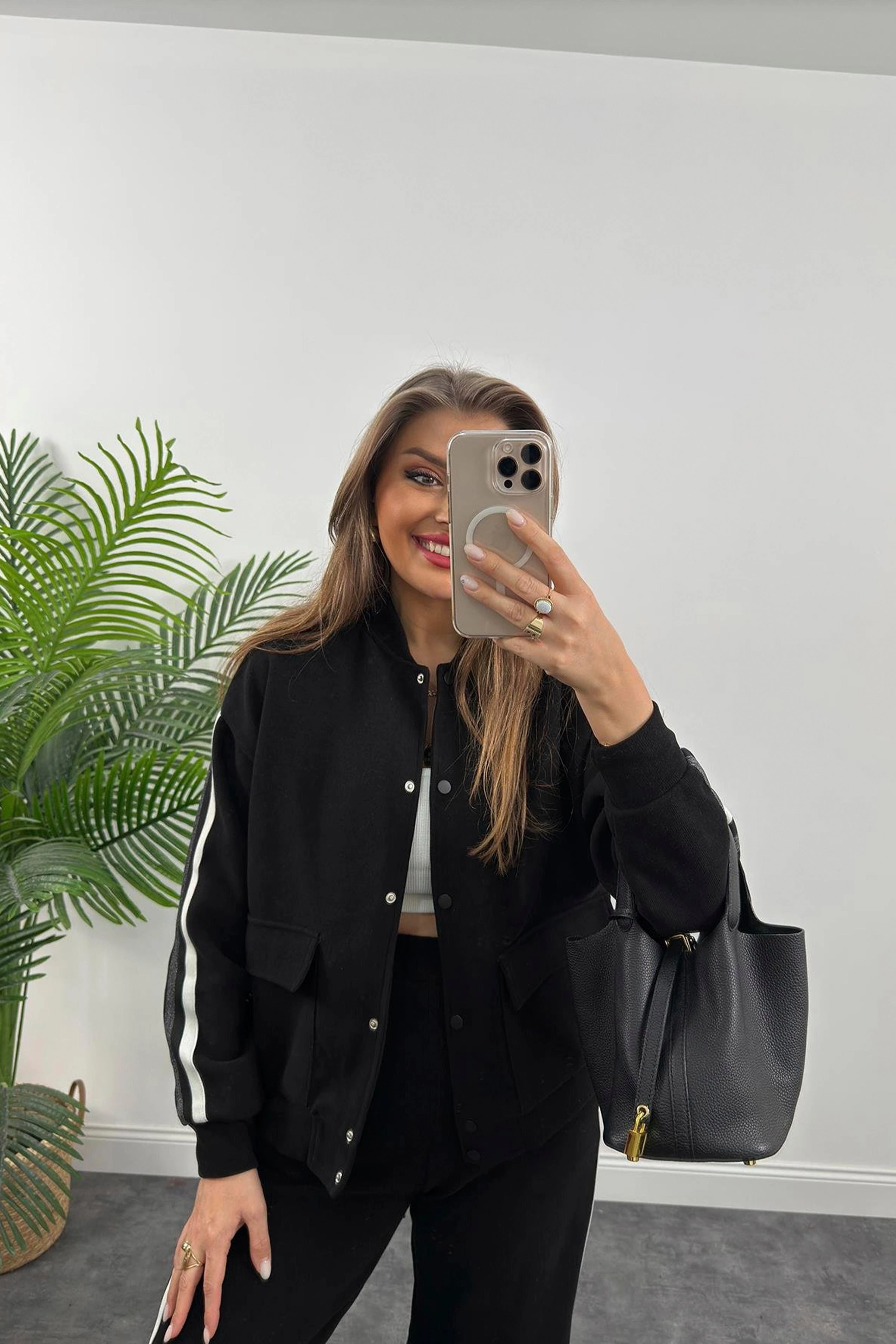 Premium Kalite Şeritli Selanik Kumaş Bomber Ceketli Palazzo Takım Siyah