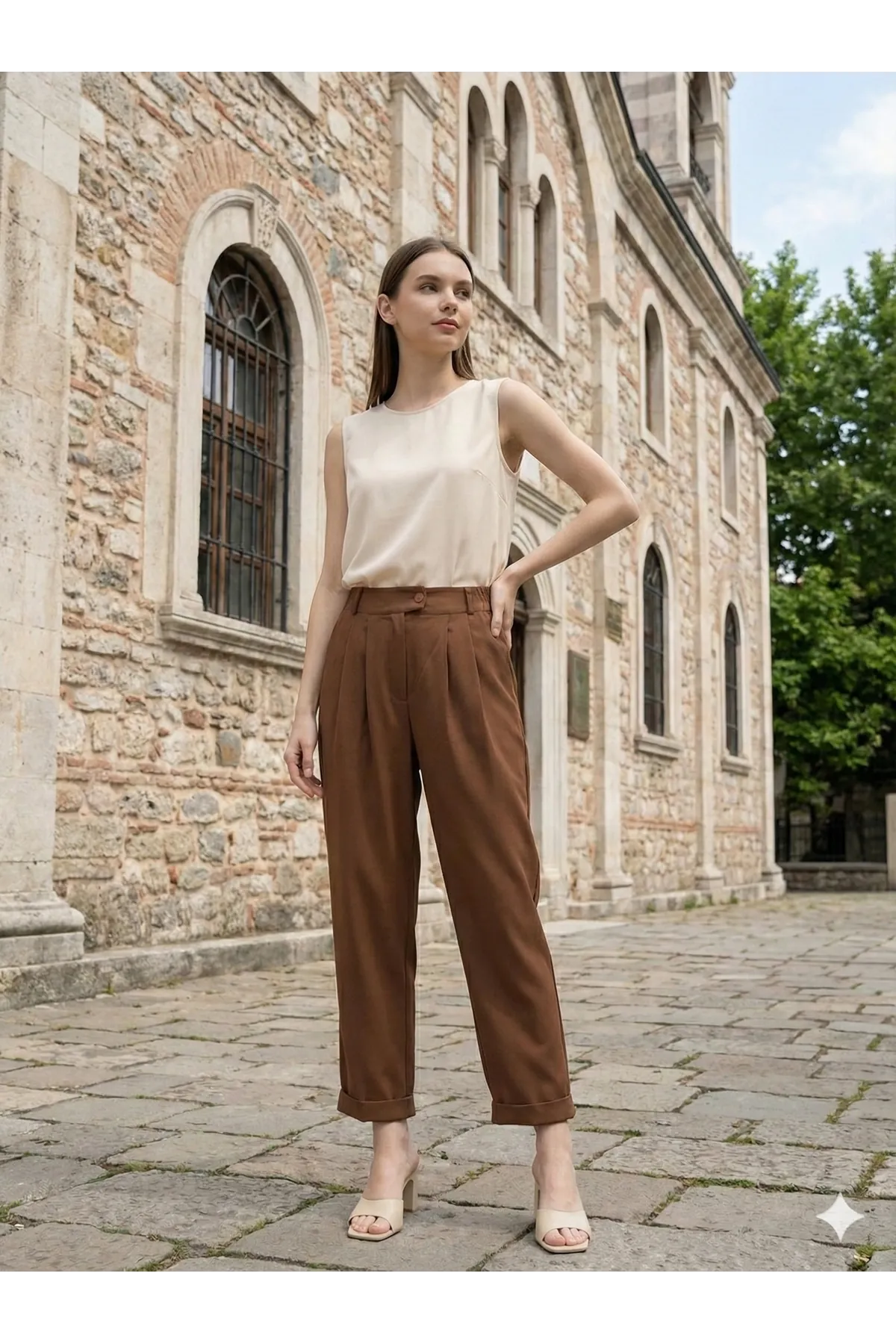 Pileli Lastikli Havuç Pantolon Kahverengi