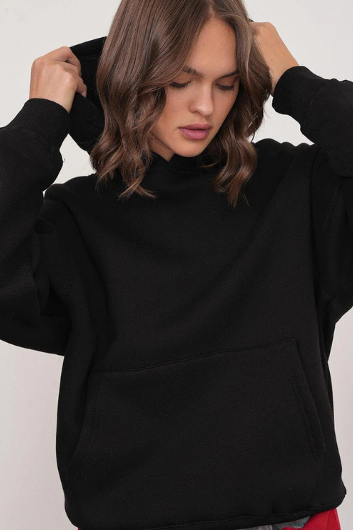 3 iplik Polarlı Kapüşonlu Sweatshirt Siyah