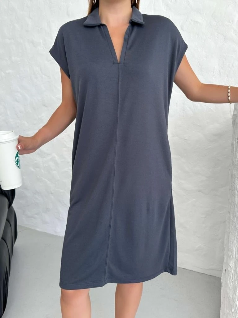 Premium Antrasit Polo Yaka Modal Elbise